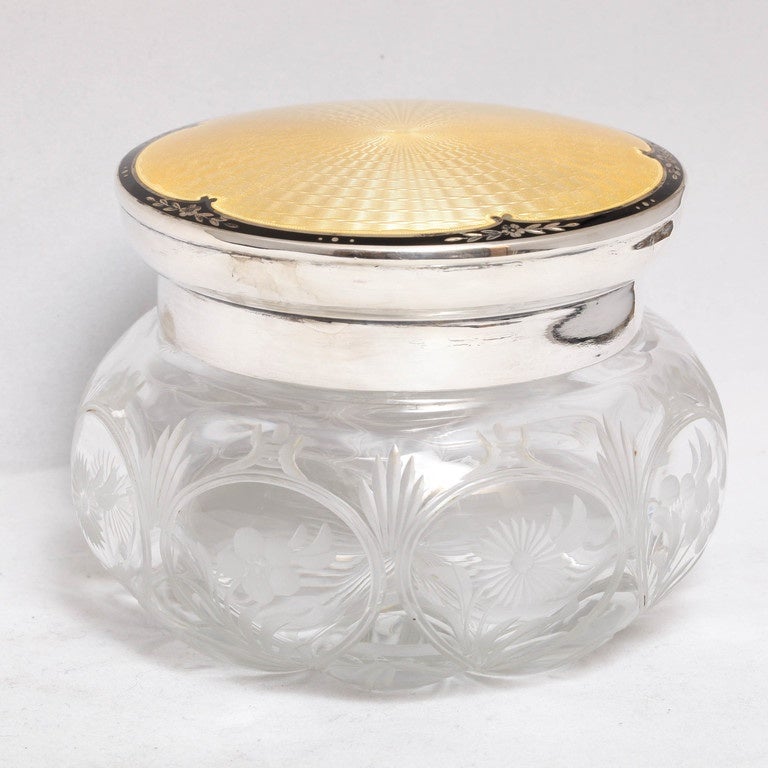 Great Britain (UK) Rare Art Deco Sterling Silver and Yellow and Black Guilloche Enamel Powder Jar
