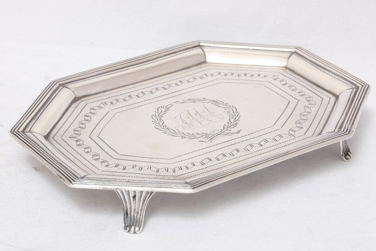 Georgian, sterling silver, octagonal, footed salver, London, 1802, Crispin Fuller, maker. Lovely etched work. Central cartouche is beautifully monogrammed, although difficult to read. 3.870 troy ounces; 6