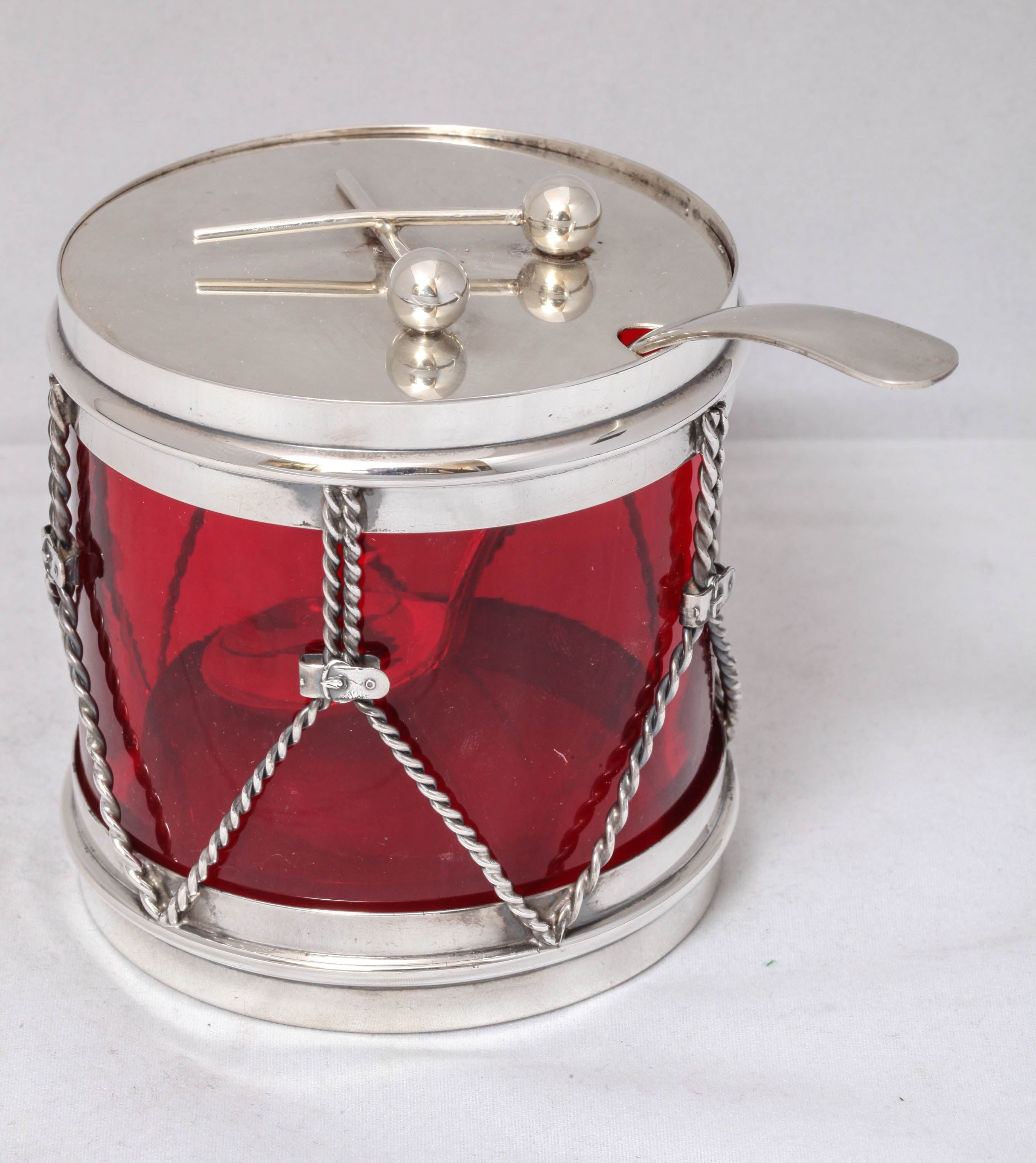 American Art Deco Sterling Silver-Mounted Ruby Glass Drum-Form Condiments Jar with Spoon