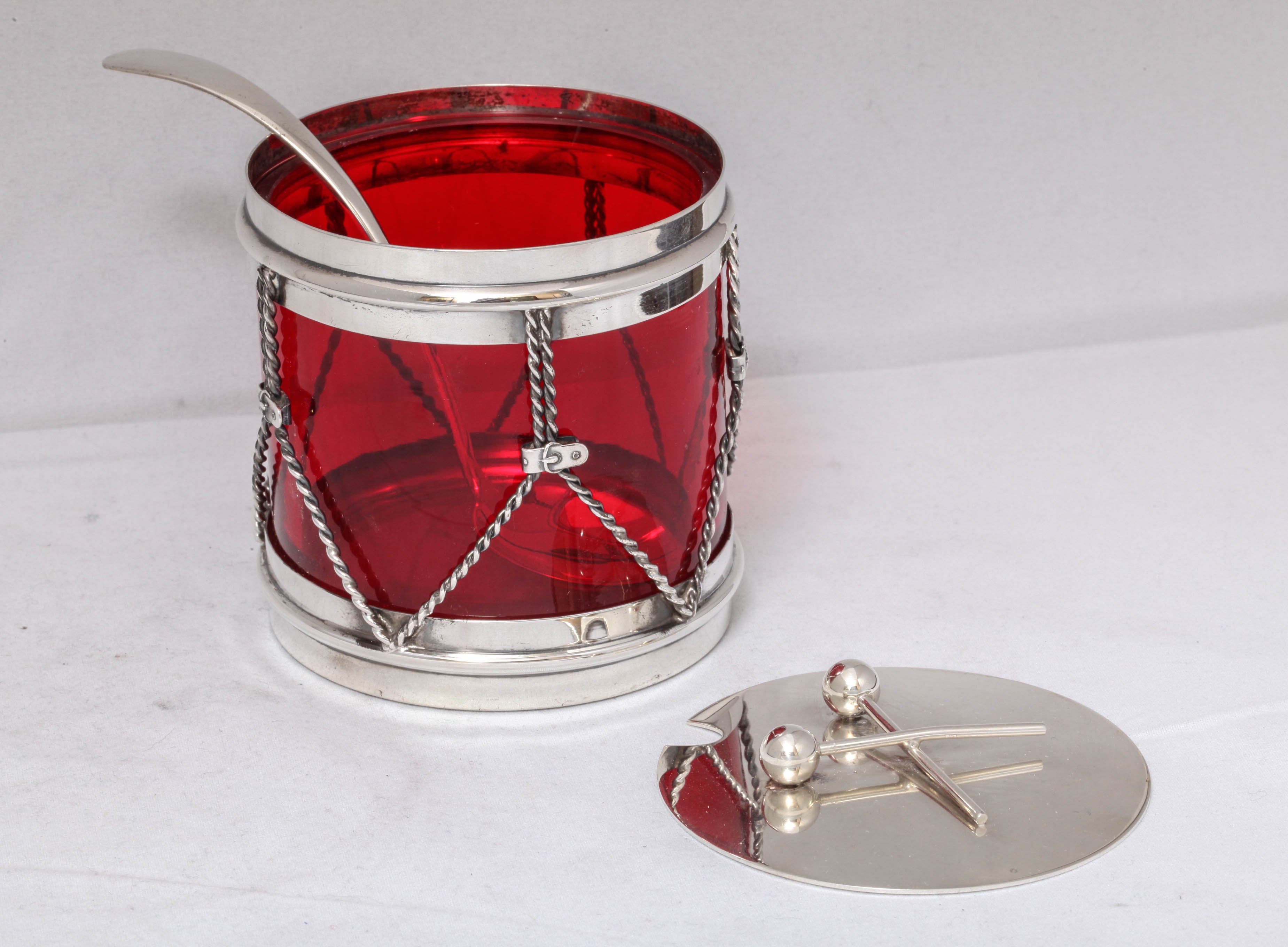 Art Deco Sterling Silver-Mounted Ruby Glass Drum-Form Condiments Jar with Spoon 1