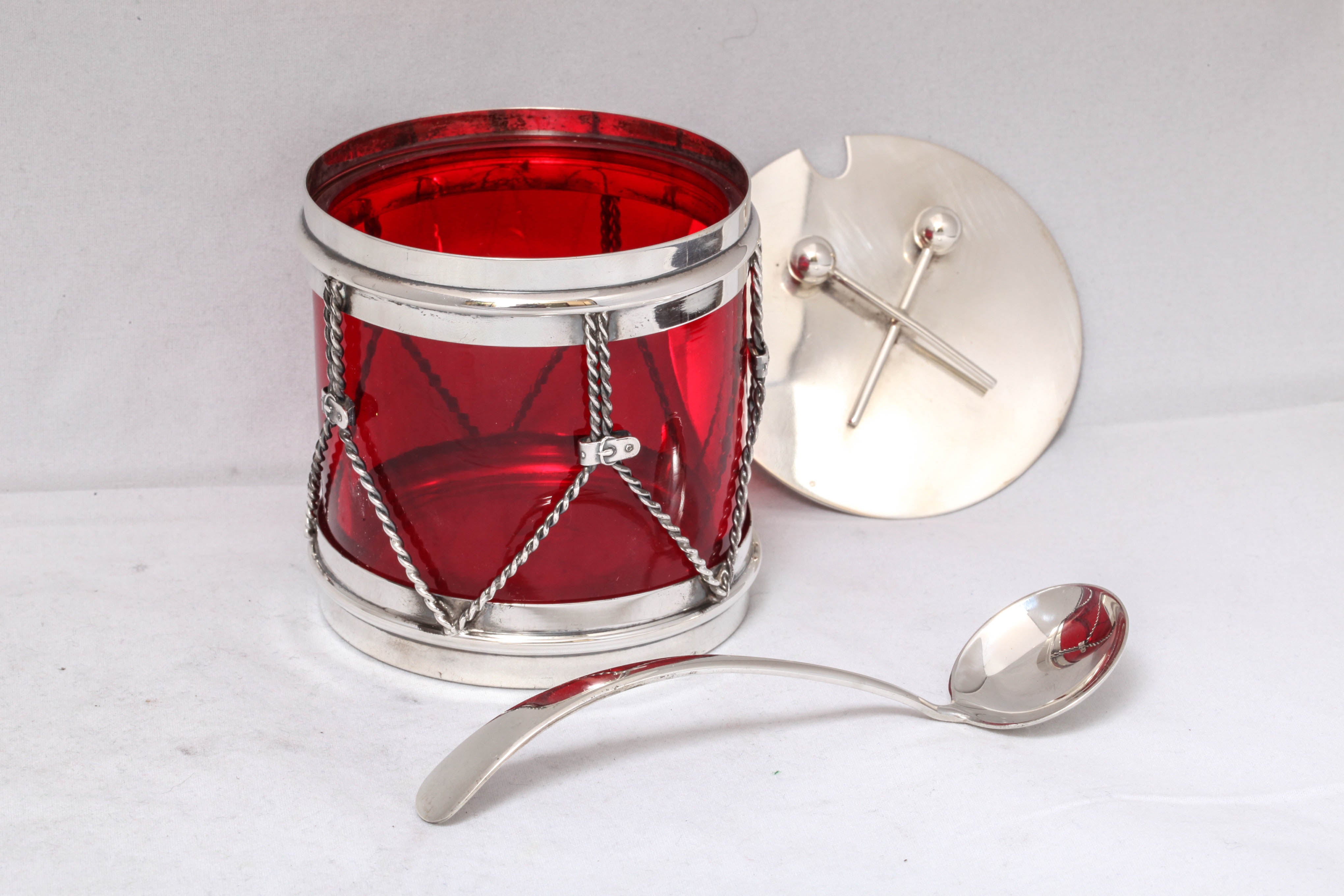 Art Deco Sterling Silver-Mounted Ruby Glass Drum-Form Condiments Jar with Spoon 2