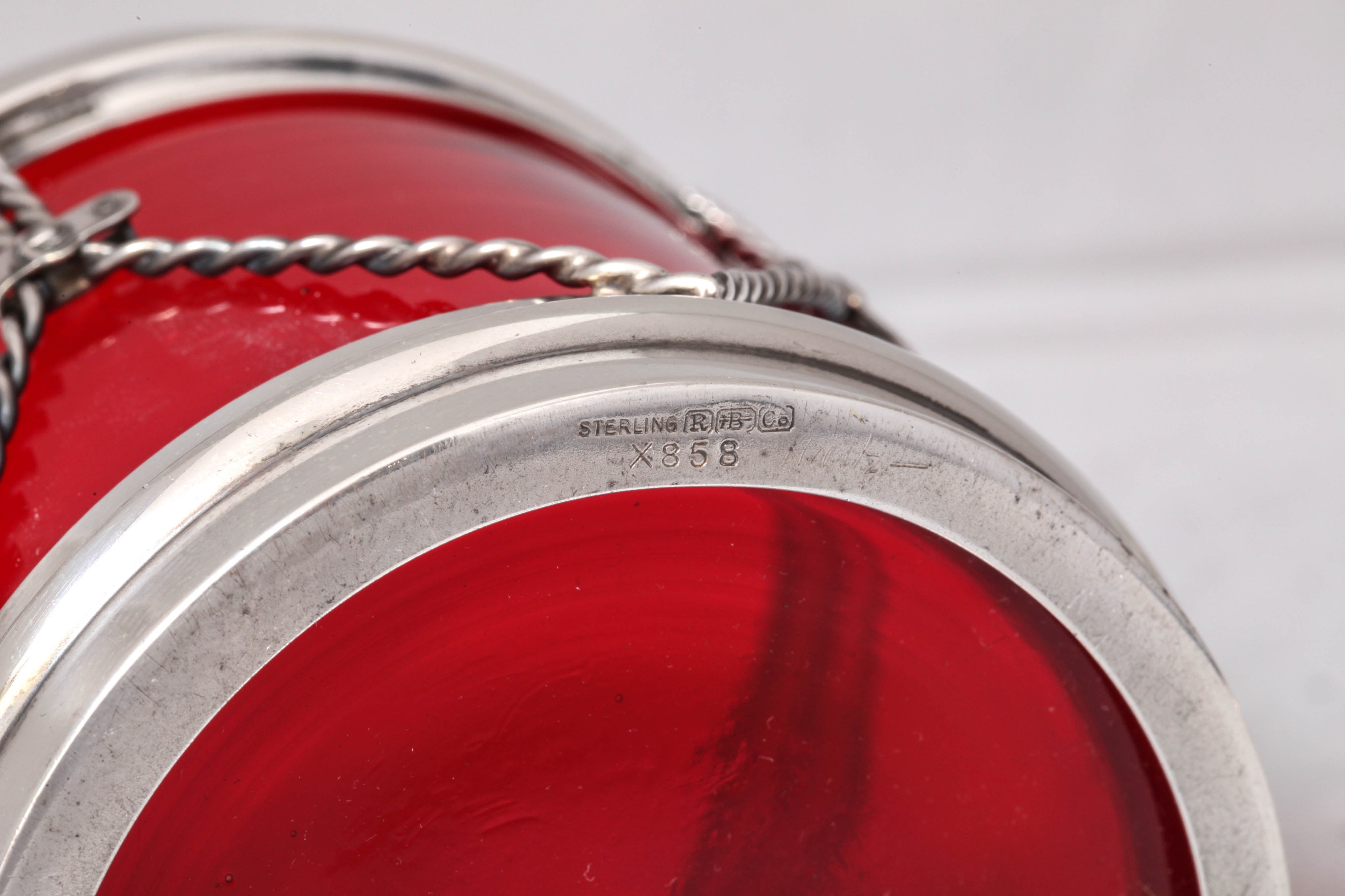 Art Deco Sterling Silver-Mounted Ruby Glass Drum-Form Condiments Jar with Spoon 3