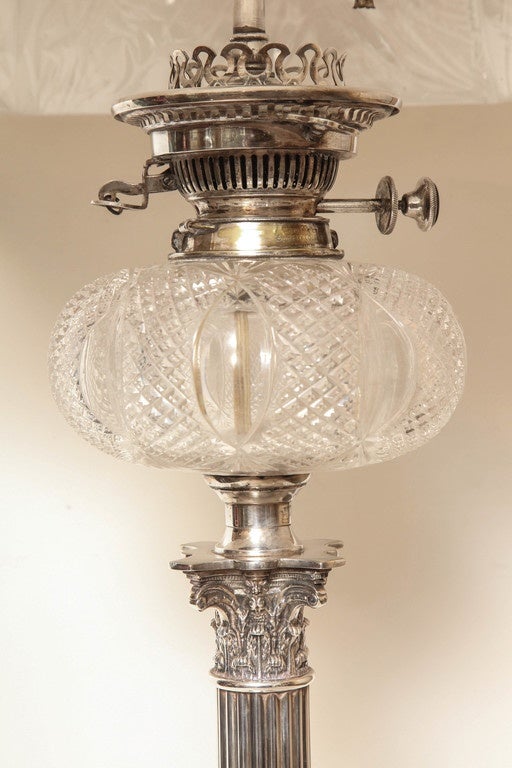 Tall Edwardian Silver Plated Electrified Corinthian Column Oil Lamp For Sale 1