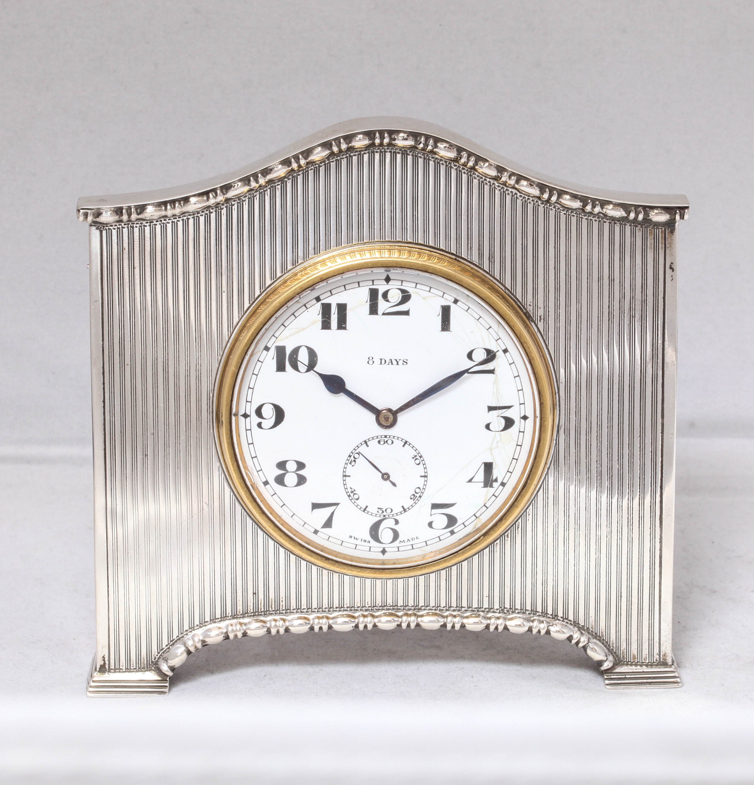 Art Deco, sterling silver, footed  table clock, Sheffield, England, 1925, Walker & Hall - makers. Lovely 