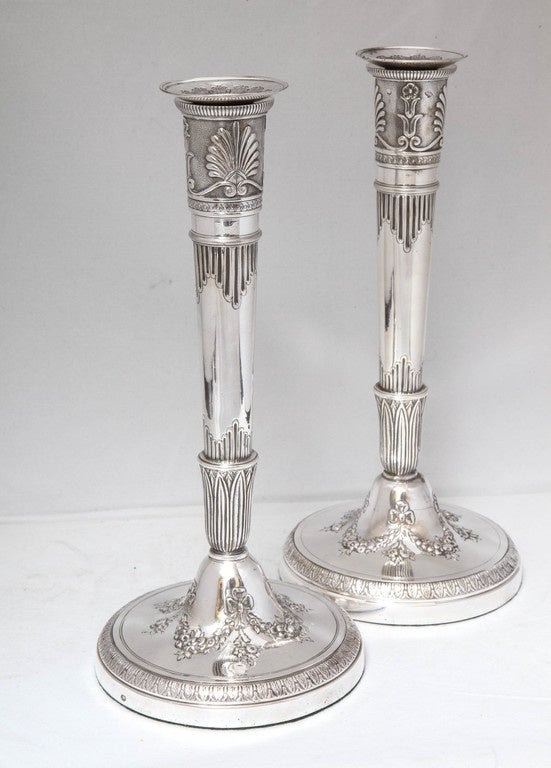 Fabulous Pair of First Empire French Sterling Silver Candlesticks at