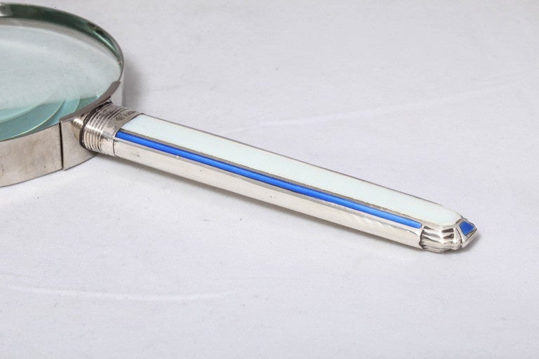 Early 20th Century Art Deco Sterling Silver and Guilloche Enamel-Mounted Magnifying Glass