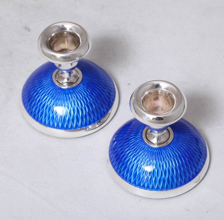 Mid-20th Century Pair of Art Deco Sterling Silver and Guilloche Enamel Andersen Candlesticks