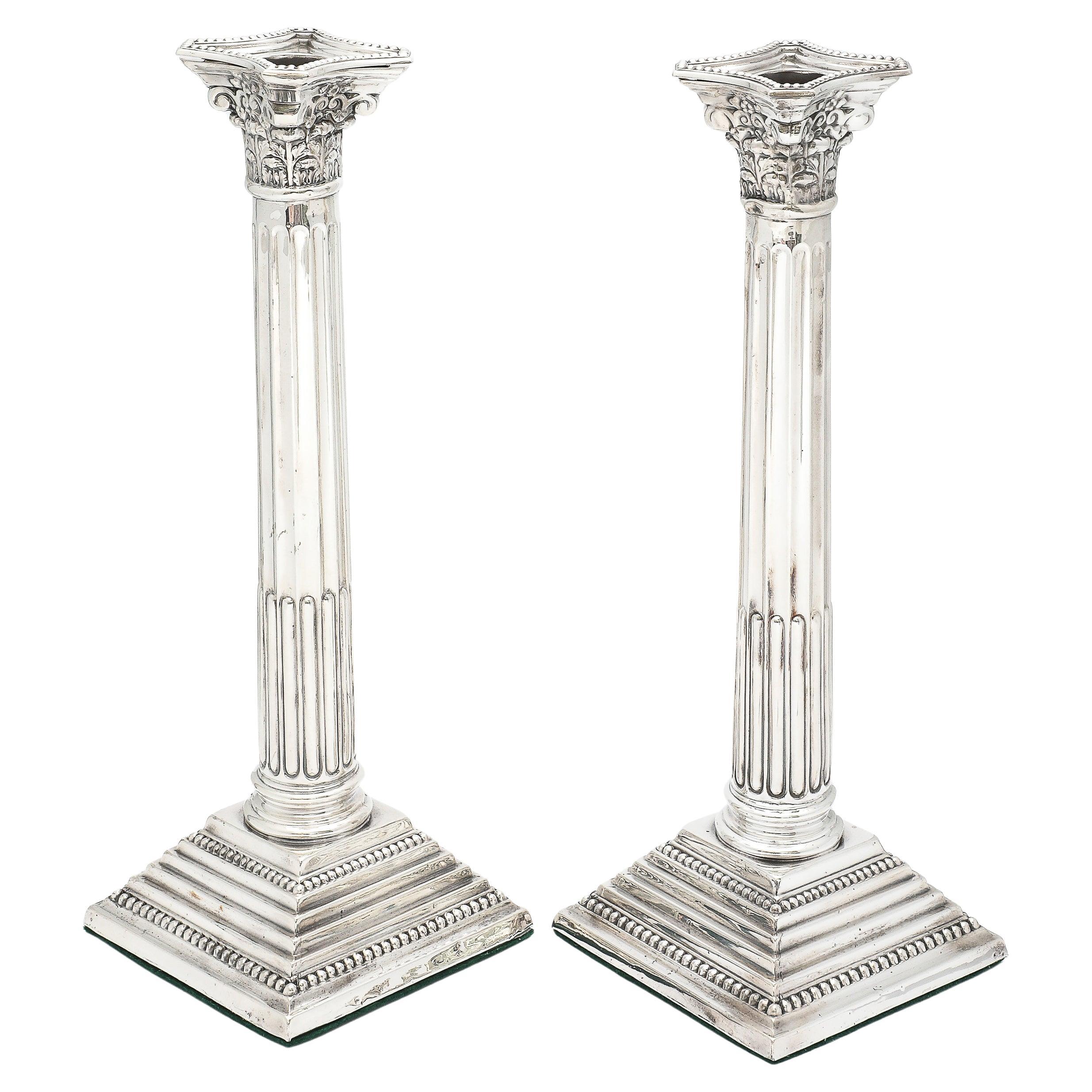 Tall Pair of Sterling Silver Neoclassical-Style Corinthian Column Candlesticks For Sale