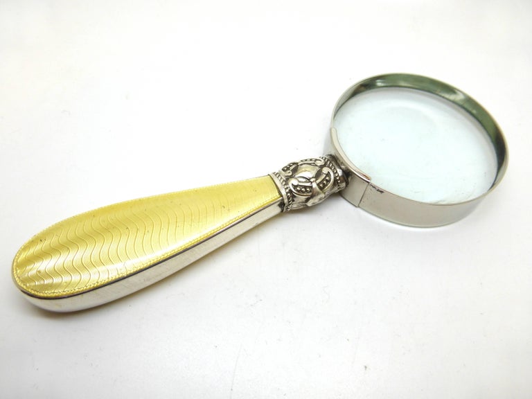 Edwardian sterling silver and lemon yellow guilloche enamel-mounted magnifying glass, Birmingham, England, year-hallmarked for 1913 - Alexander Clark and Co. - makers. Guilloche enamel is on both sides of the handle. Enamel shimmers in the light.