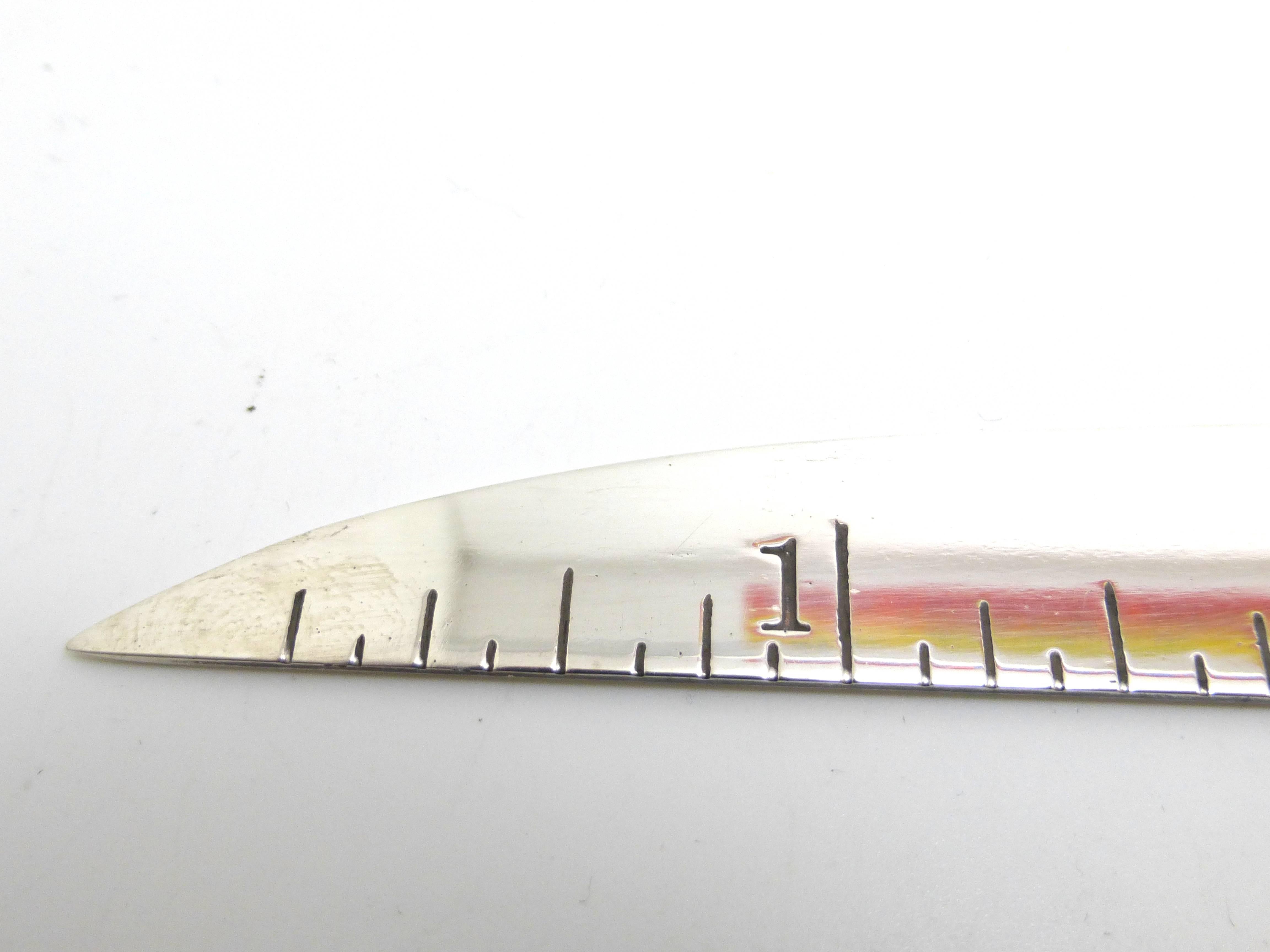 Mid-Century Modern, sterling silver combination ruler or letter opener, The Thomas Company, Attleboro, Mass, circa 1950s. Retailed at Neiman Marcus. Measures: Ruler is 8 1/2 inches long (and is marked for 6 inches of measurement) x 1 inch wide x 1/4