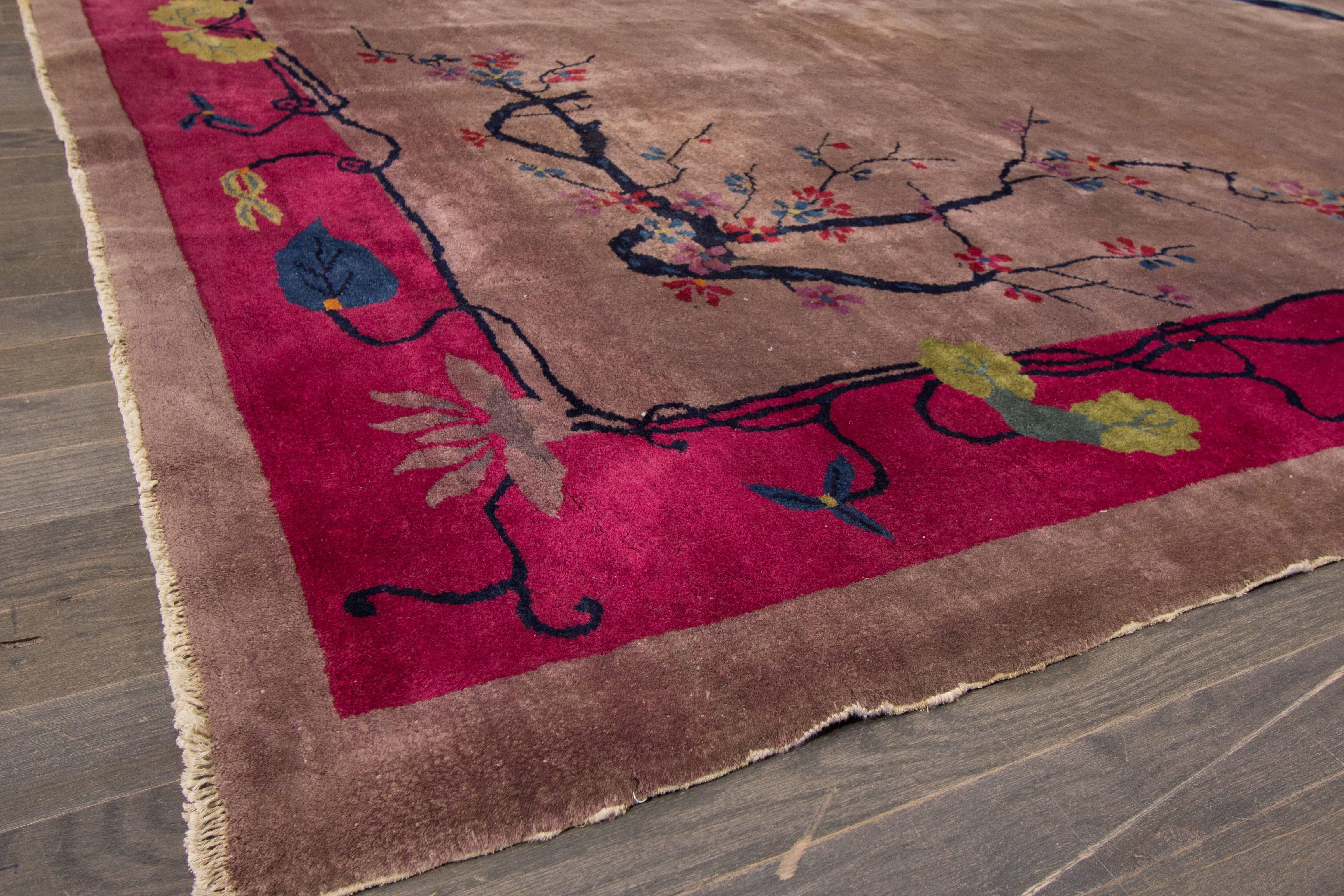Vintage 1920s Rose and Purple Chinese Art Deco Rug, 9x11.06 In Excellent Condition In Norwalk, CT