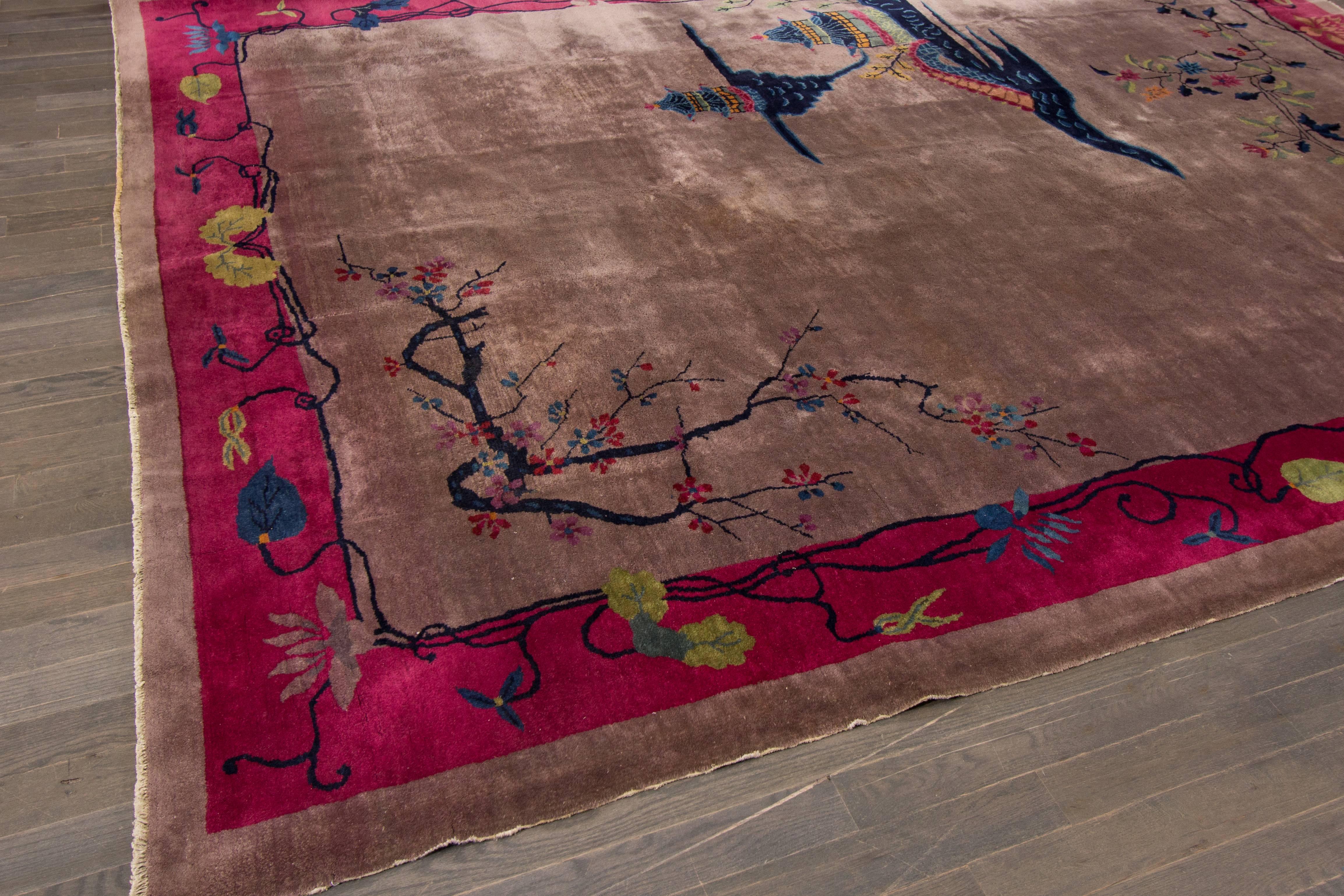 Hand-Knotted Vintage 1920s Rose and Purple Chinese Art Deco Rug, 9x11.06