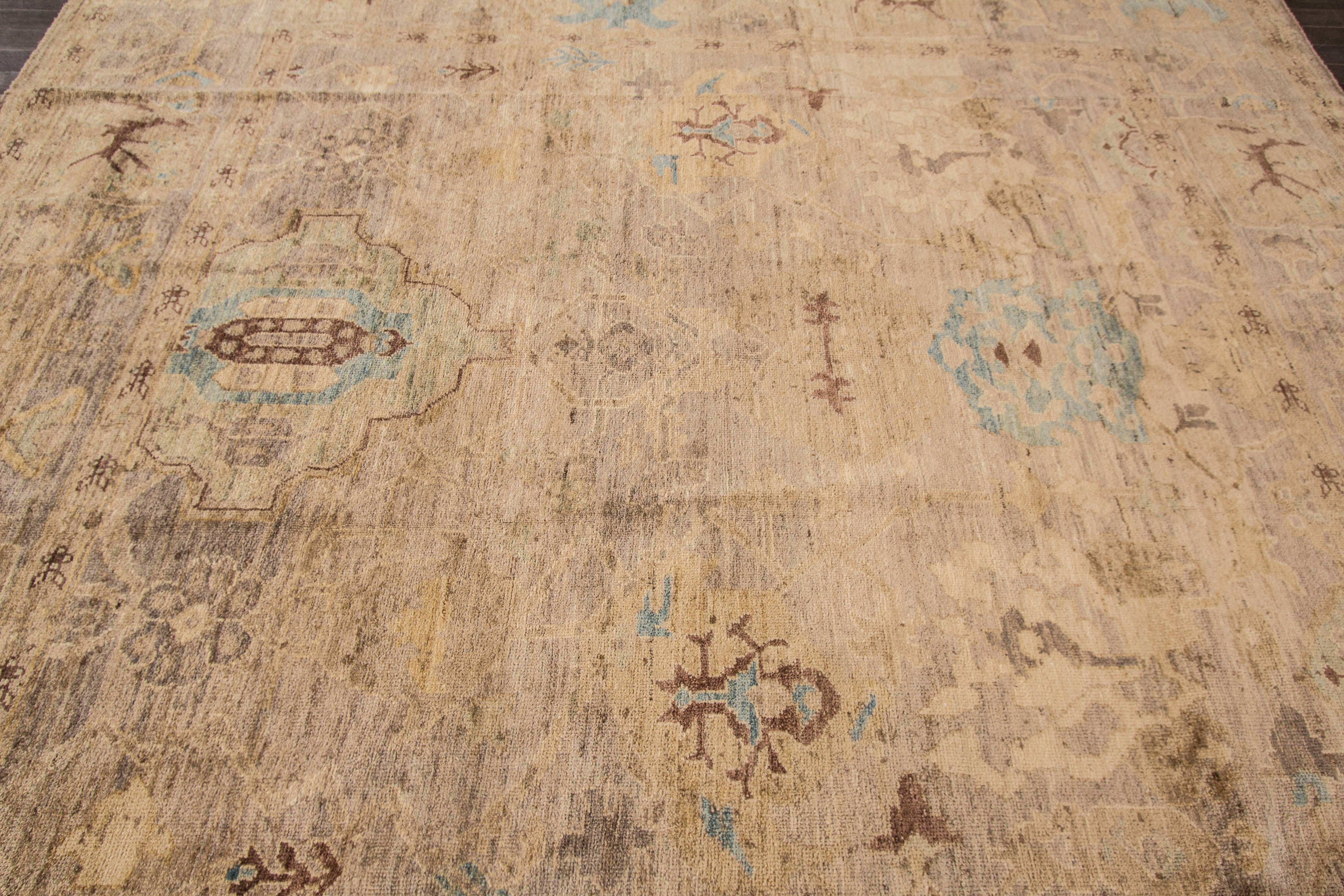 Hand-Knotted 21st Cent. Modern Beige, Tan Square Persian Sultanabad For Sale