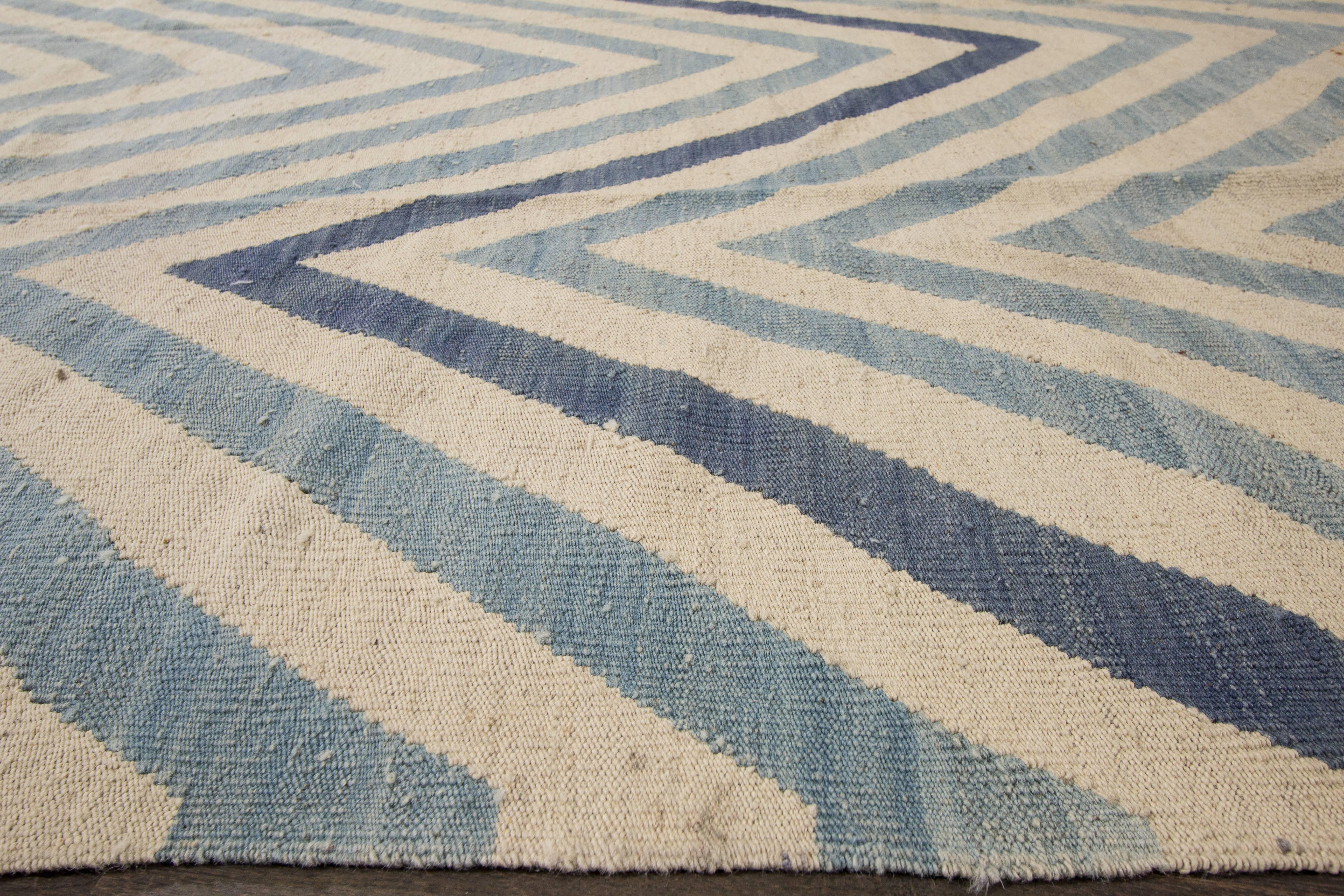Hand-Knotted 21st Century Contemporary Beige, Blue Pakistani Kilim-Style Rug