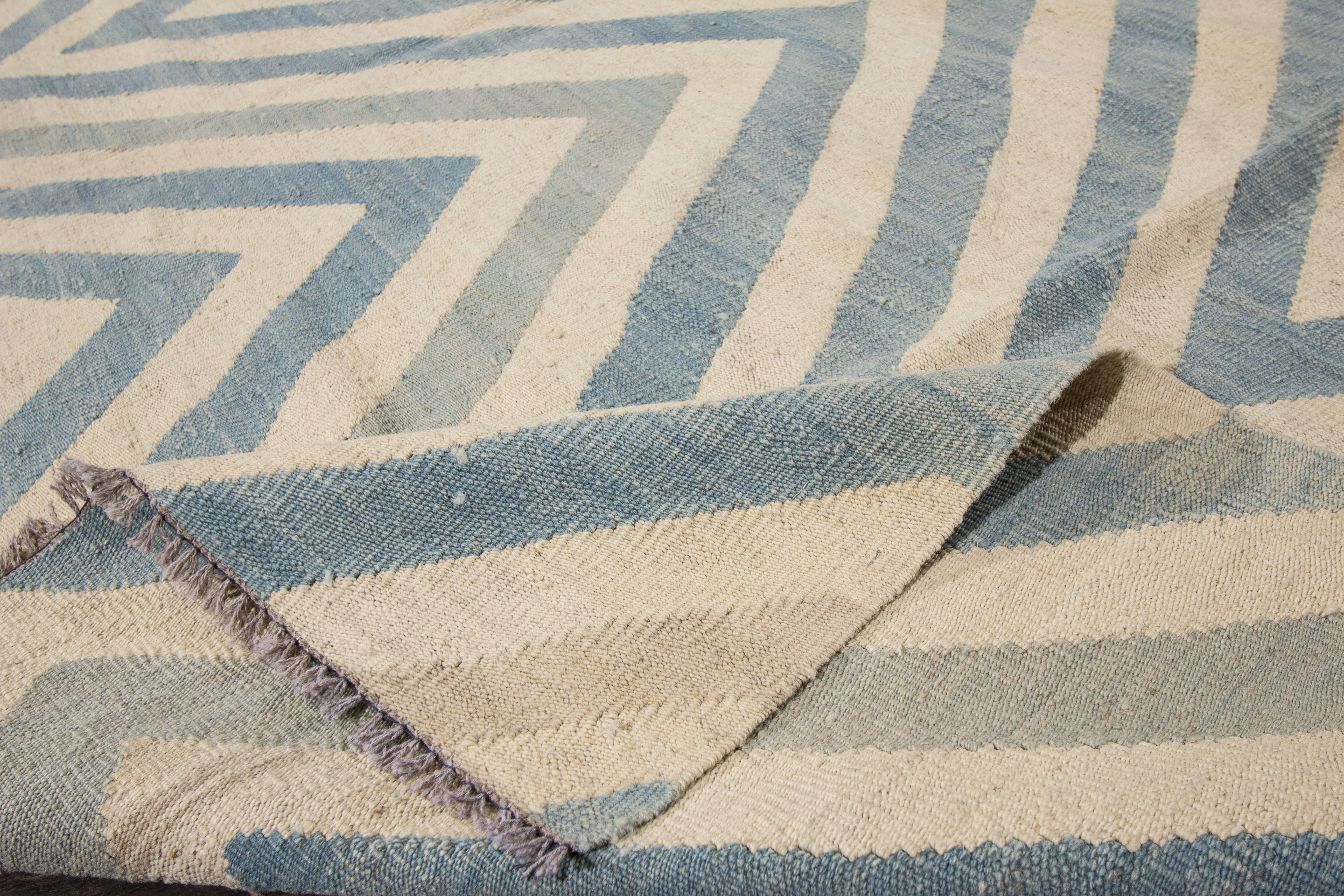 Wool 21st Century Contemporary Beige, Blue Pakistani Kilim-Style Rug