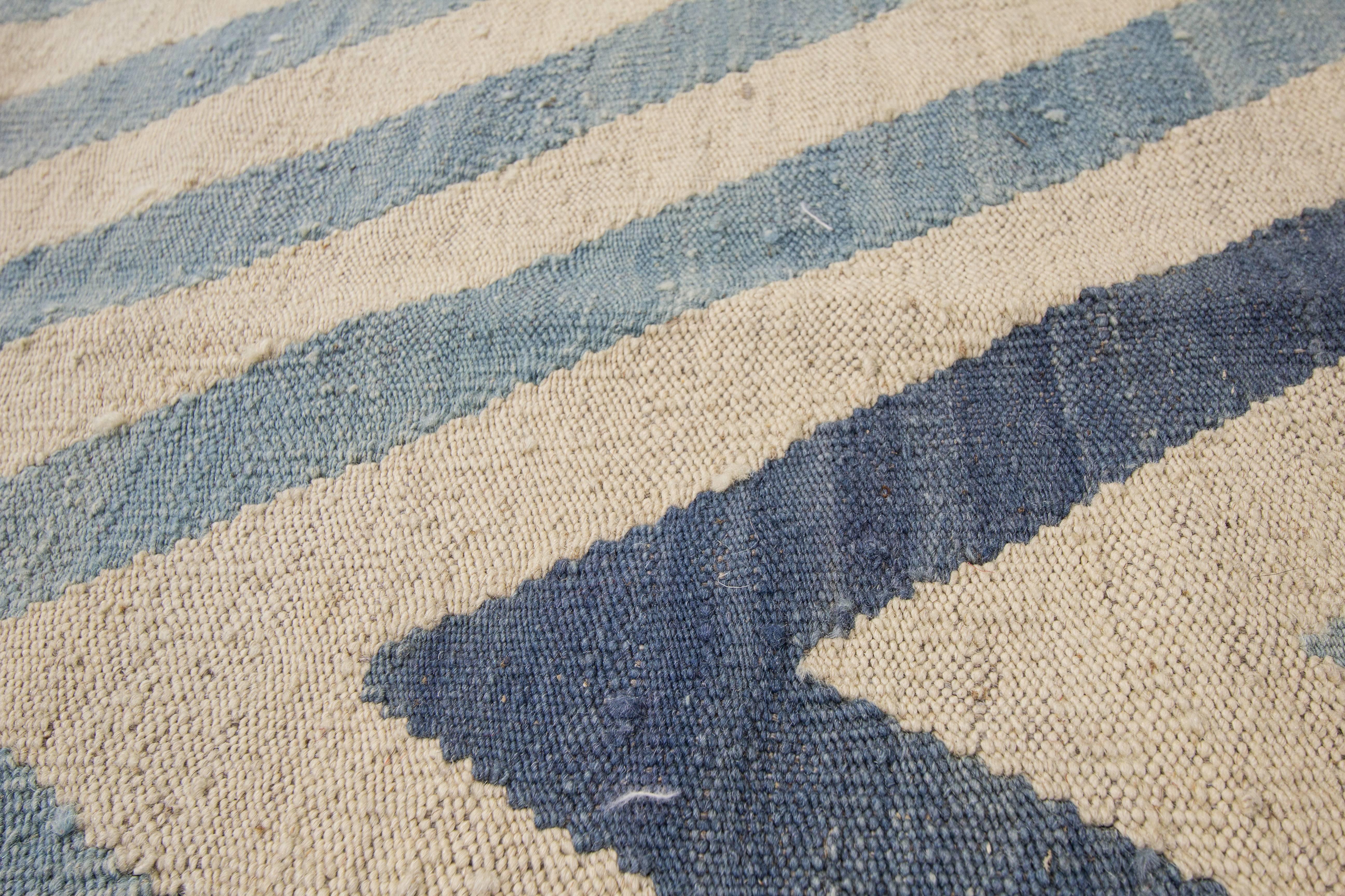 21st Century Contemporary Beige, Blue Pakistani Kilim-Style Rug 1