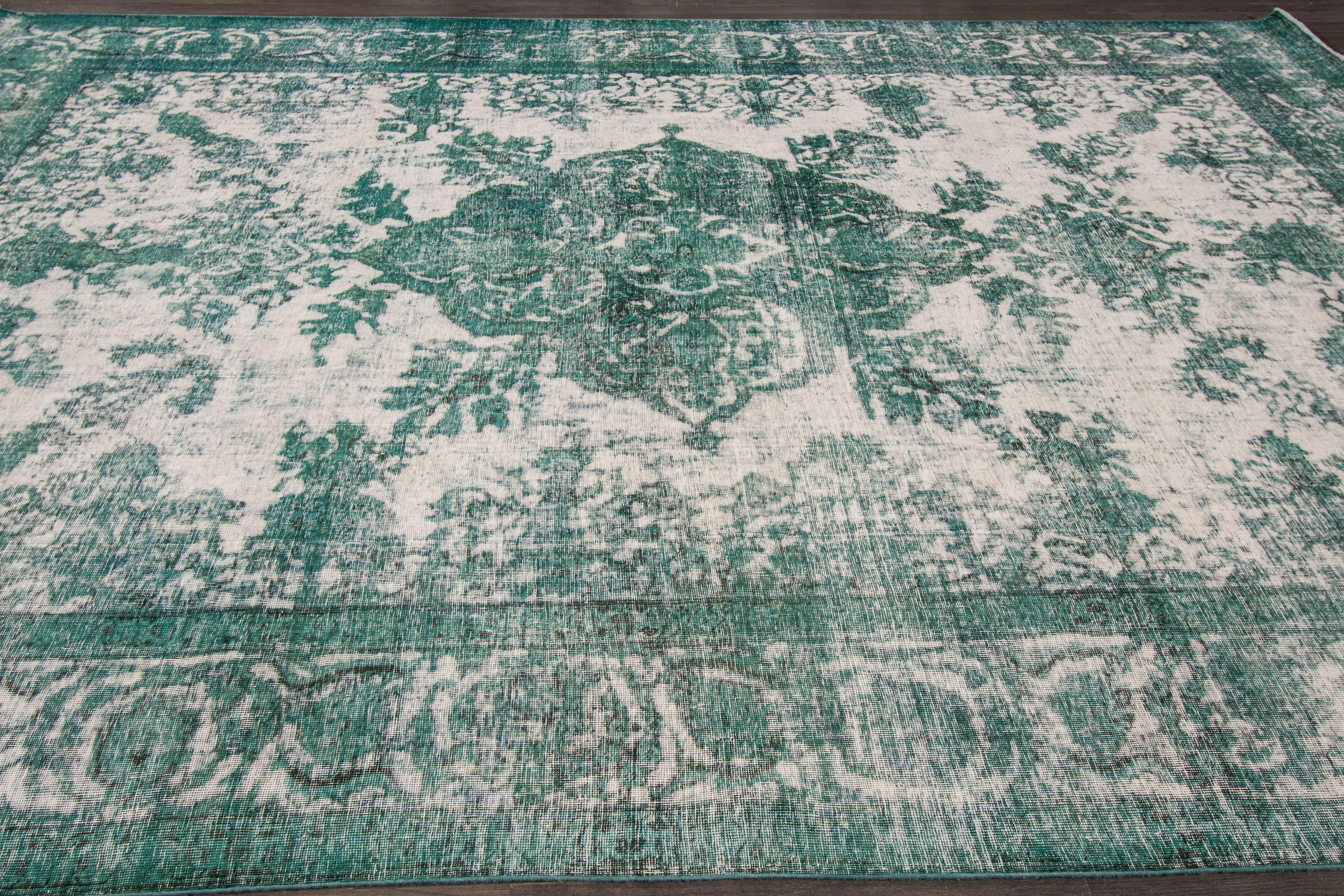 Hand-Knotted 20th Century Antique Overdyed Handmade Green Medallion Persian Wool Rug For Sale