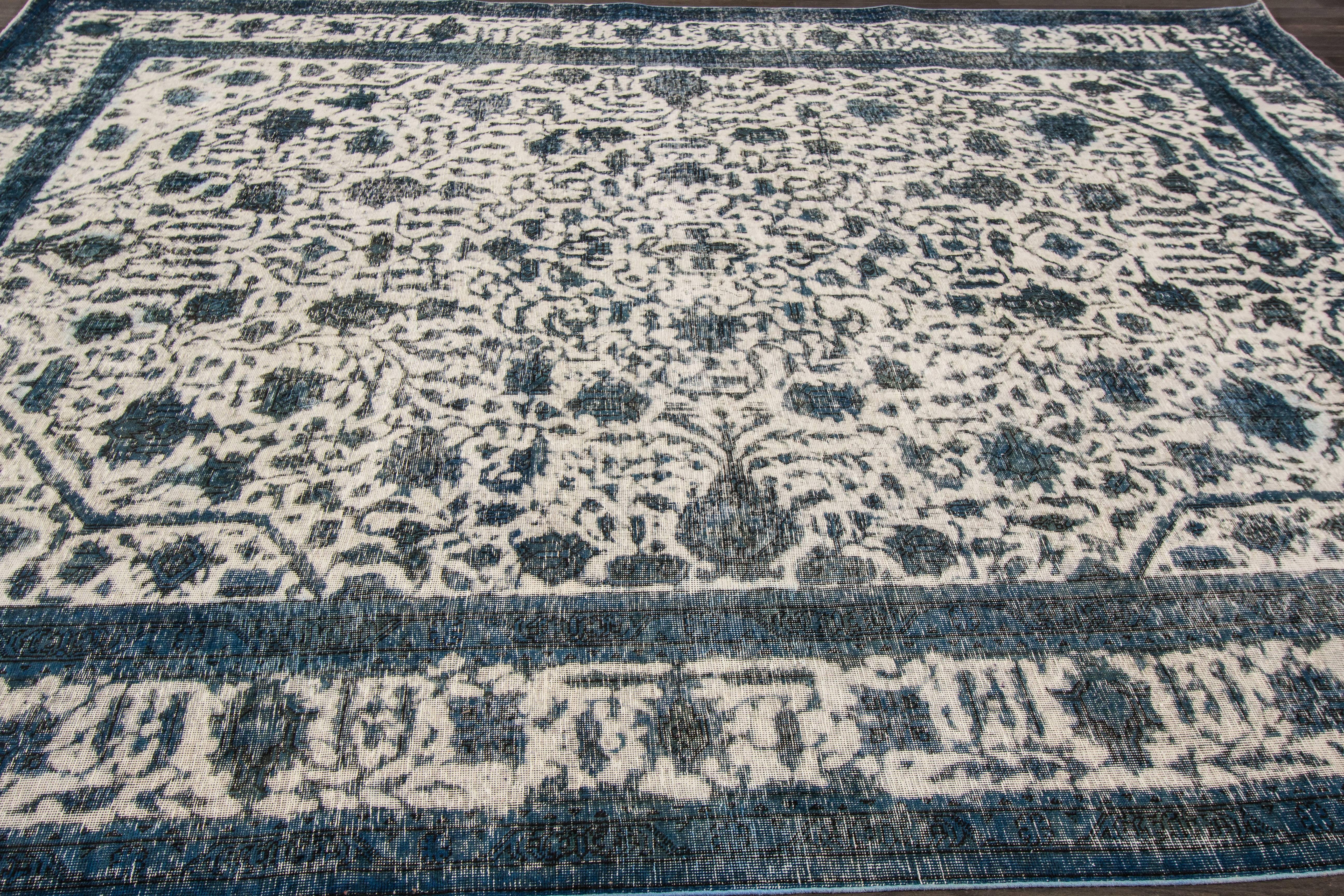 Hand-Knotted 21st Century Contemporary Teal, Ivory Overdyed Pakistani Rug