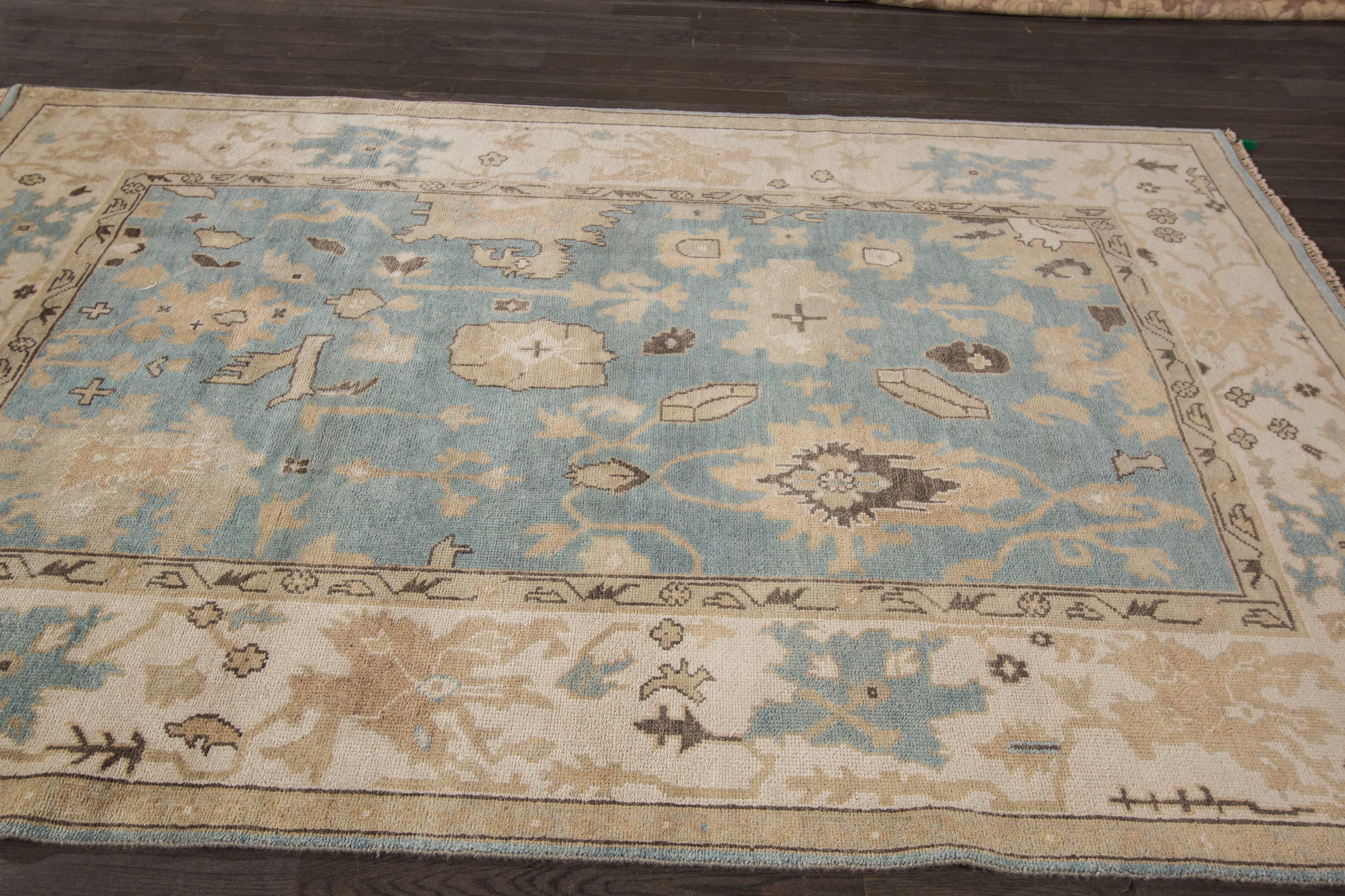 Hand-Knotted 21st Century Floral Oushak Style Rug 6'.1 x 8'.10