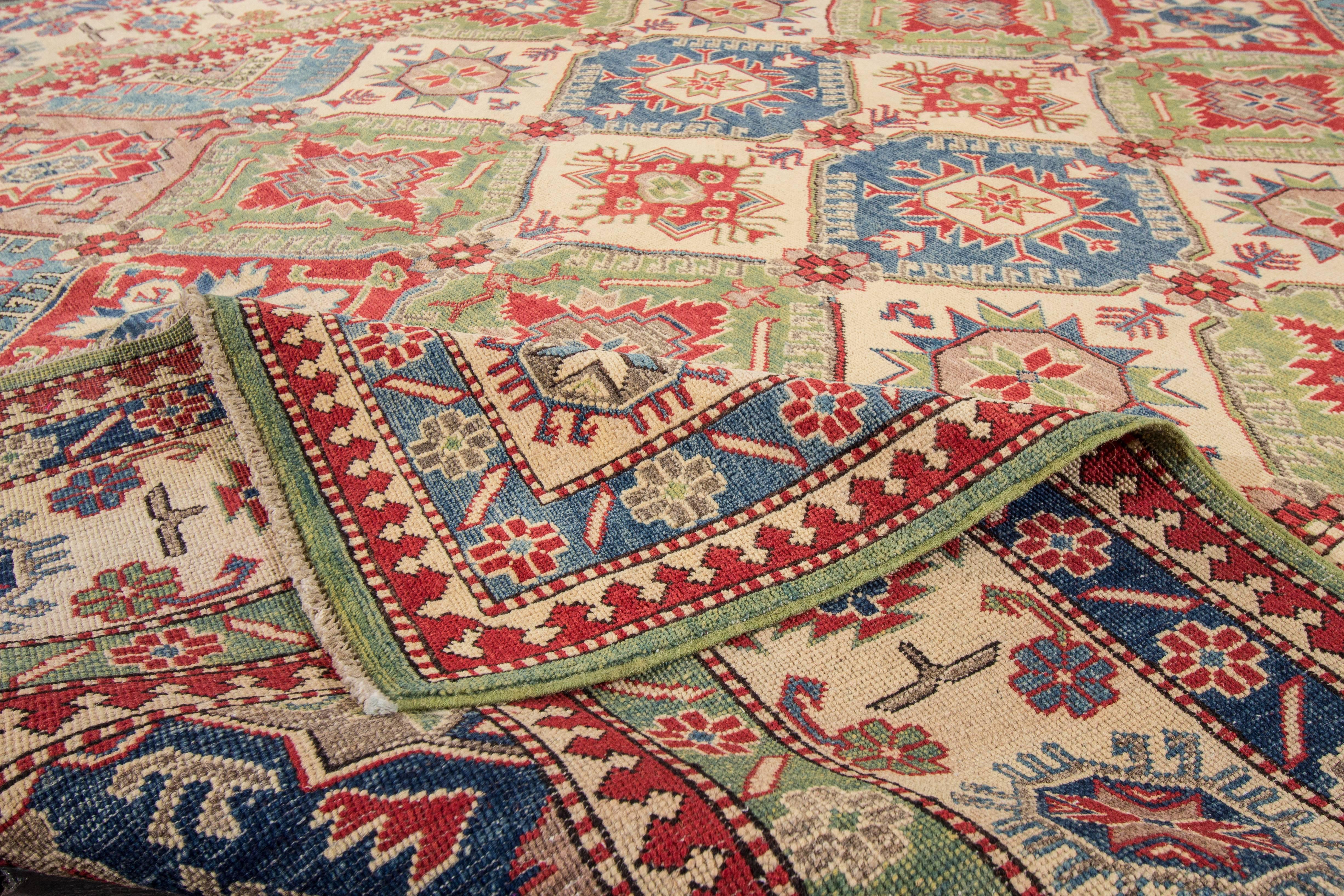 Hand-Knotted Gorgeously Contrasted New Kazak Rug