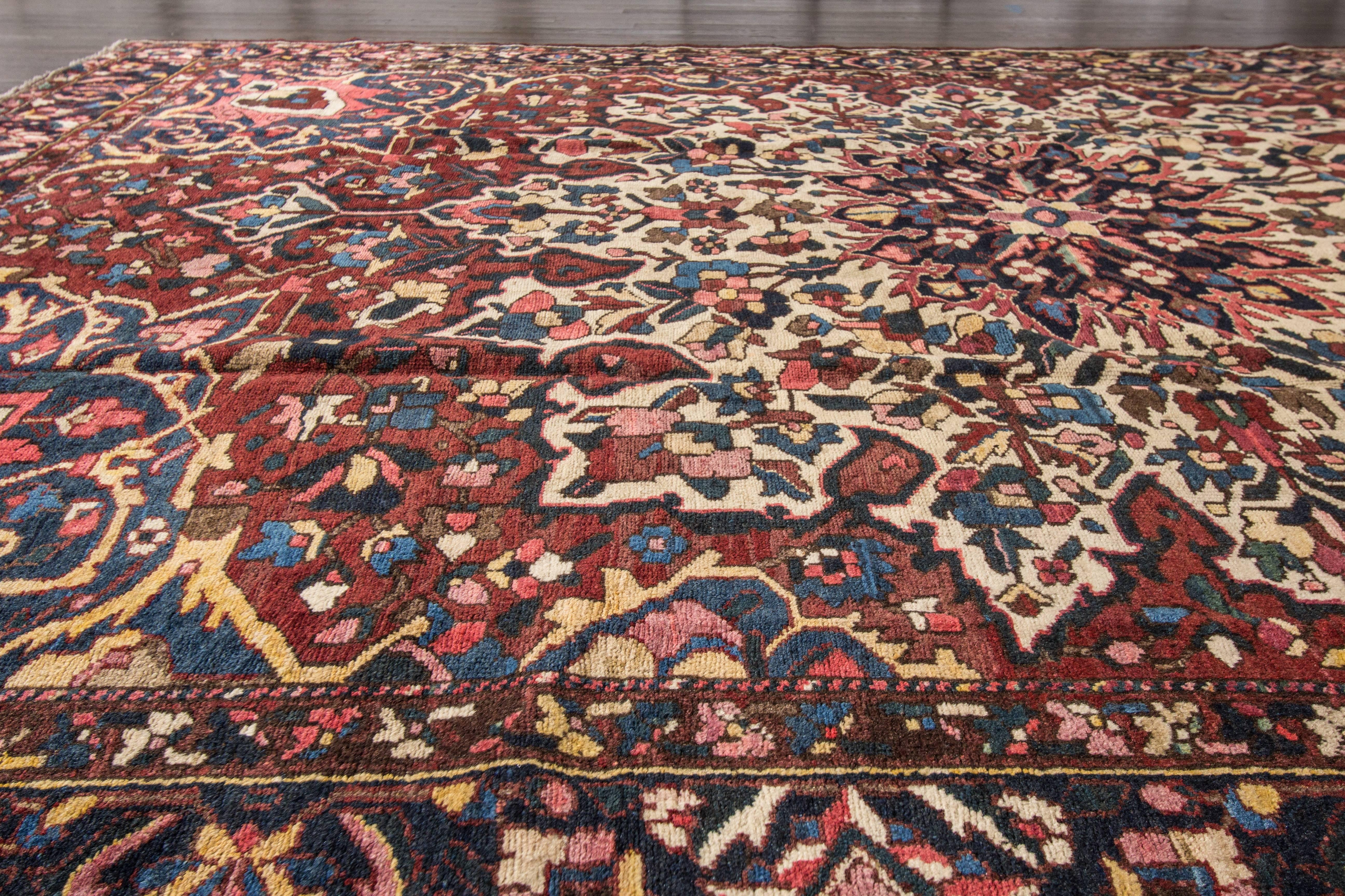 This beautiful antique Persian Bakhtiar hand-knotted design rug will make your floor look splendid. This collection is made in wool. It's measures are: 9'.1 x 11'.10
This antique Persian Bakhtiar rug was made in Iran.