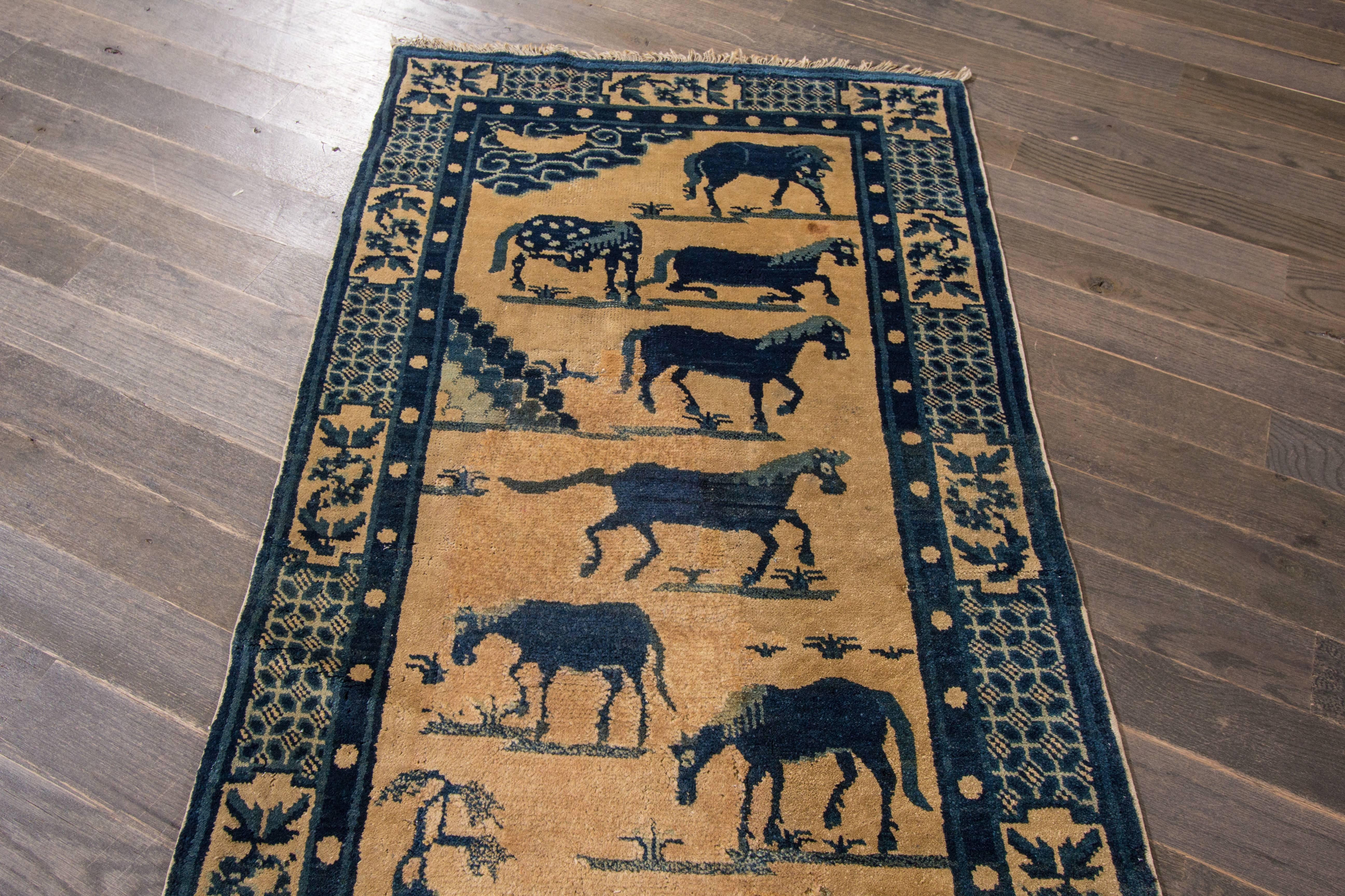 Hand-Knotted Antique Chinese Pictorial Horse Rug
