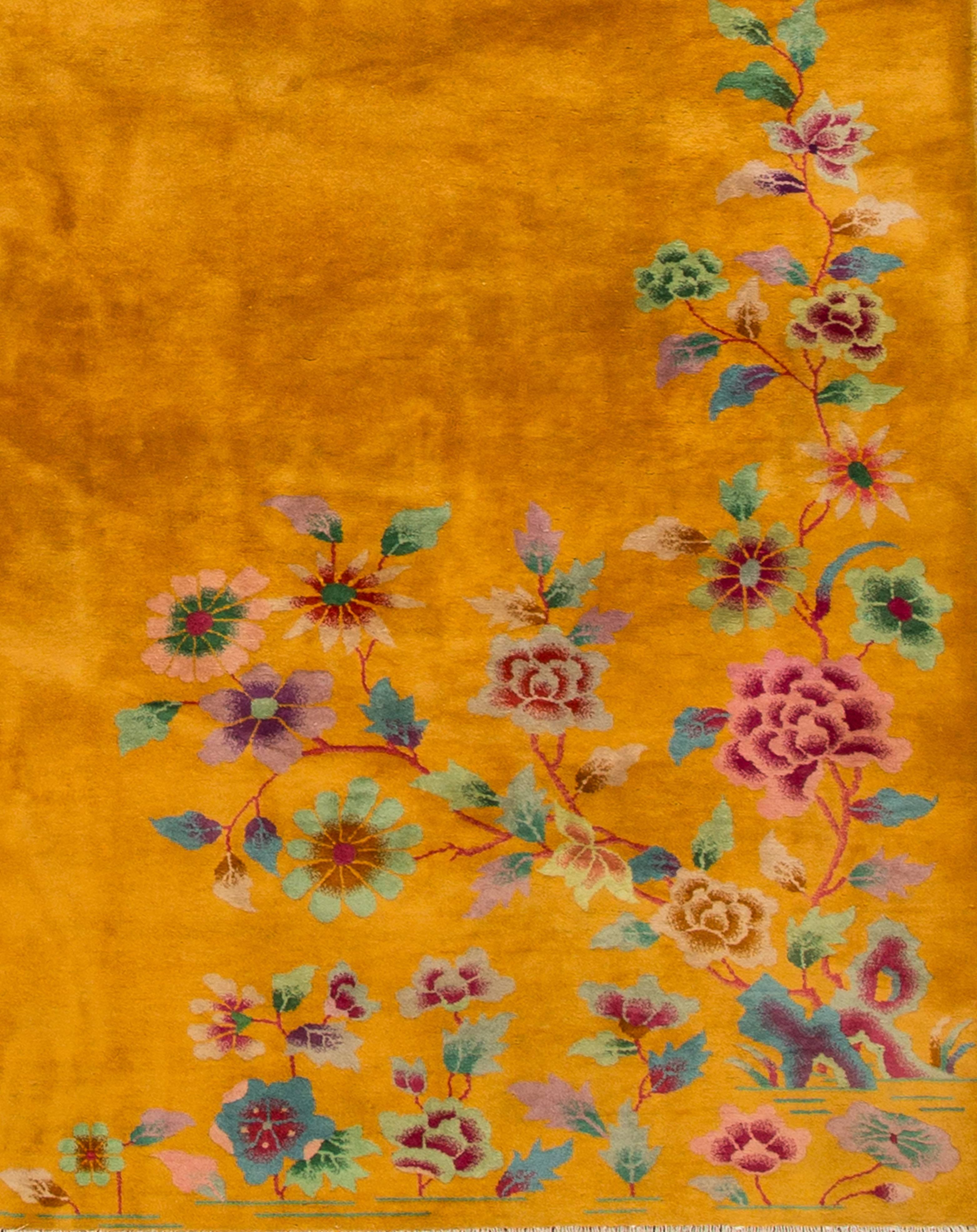 Early 20th century Chinese Nichols carpet, yellow/gold field with colorful floral details (corners), measure: 9 x 11.07.
