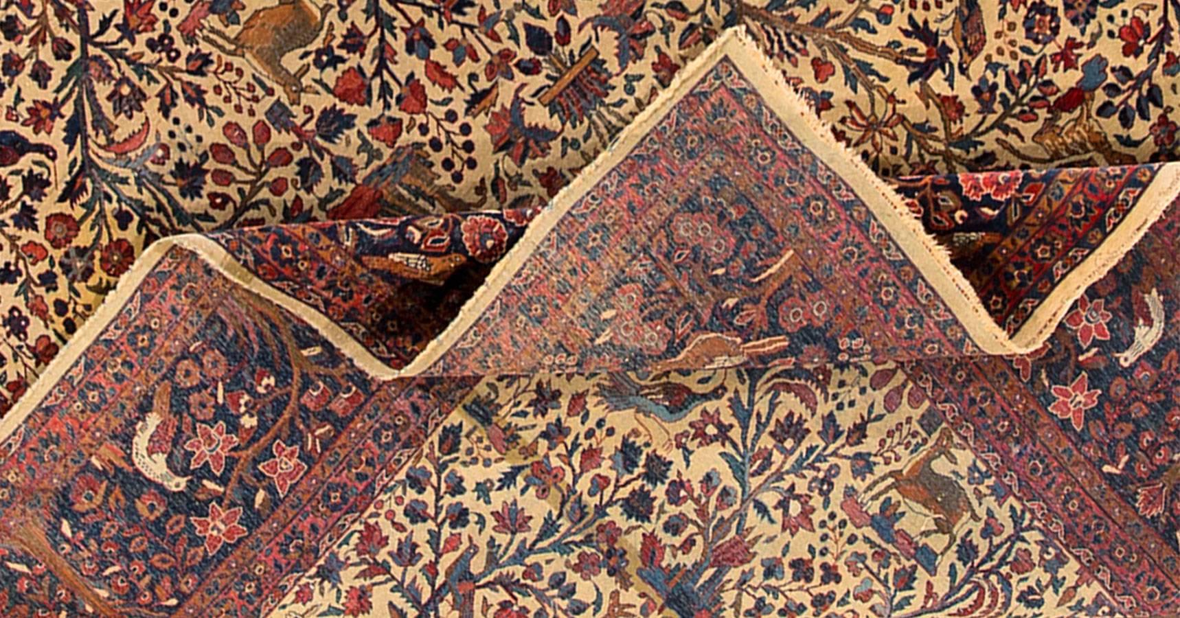 Hand-Knotted Early 20th Century Cream/Blue Pictorial Persian Kashan Carpet