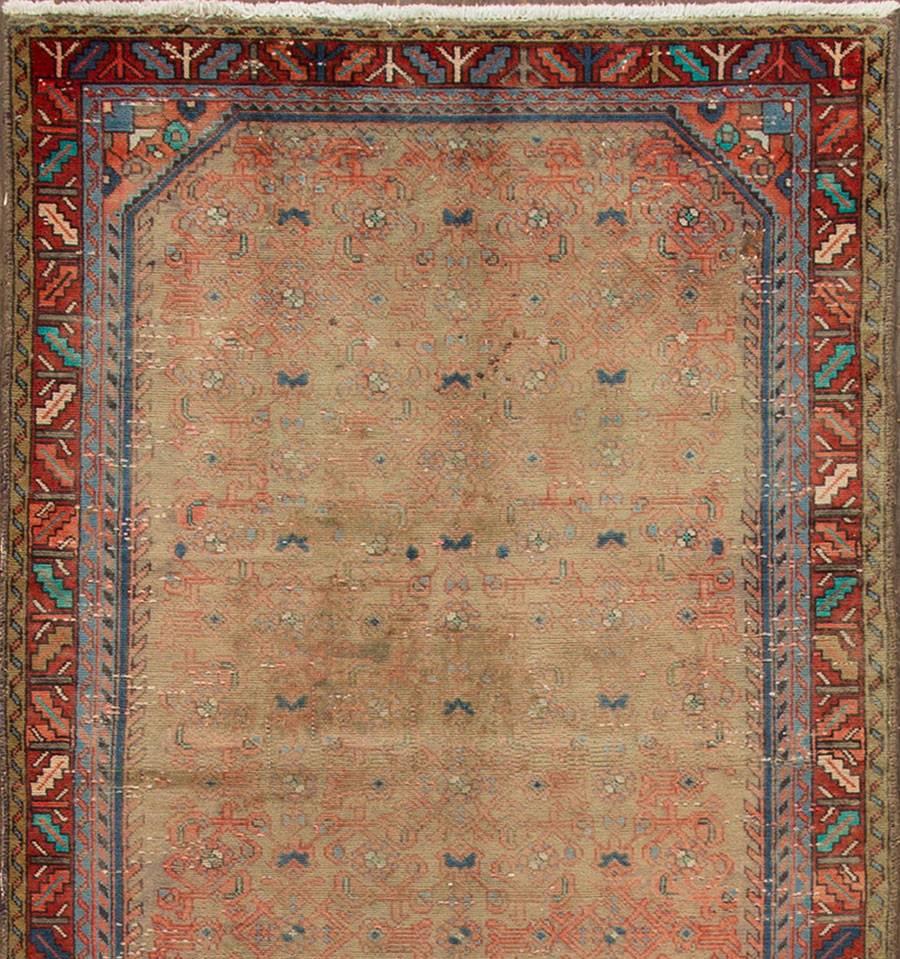 Hand-Knotted Antique Distressed Beige Persian Hamadan Runner Rug For Sale