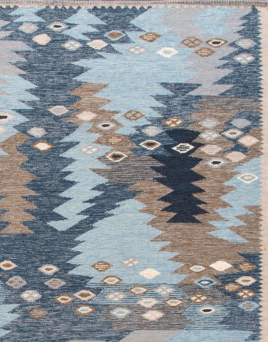 Indian Contemporary Abstract Geometric Blue Swedish style  Rug, 8.08x11.10 For Sale