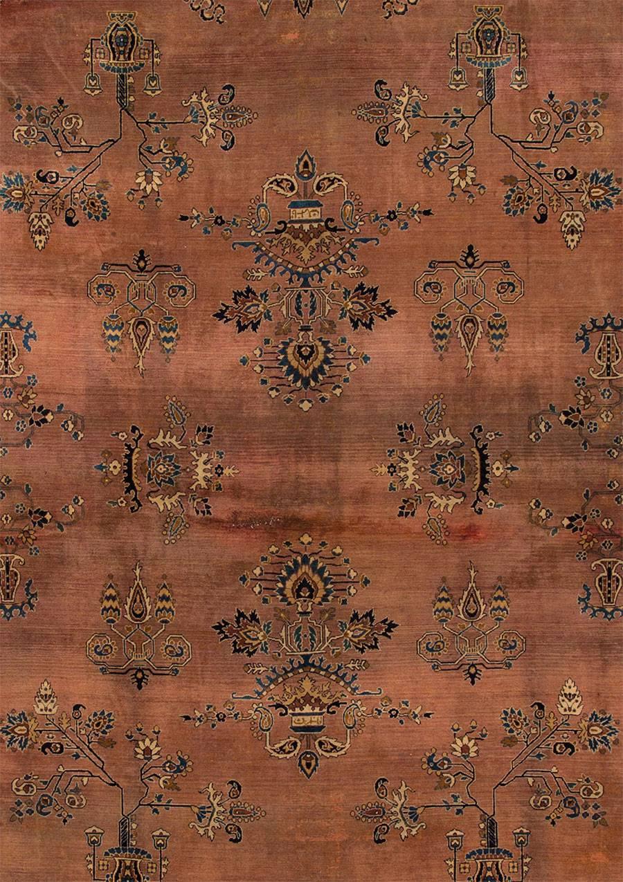 Antique Distressed Brown and Blue Persian Saroukh Rug, 8.09x11.08 In Distressed Condition In Norwalk, CT