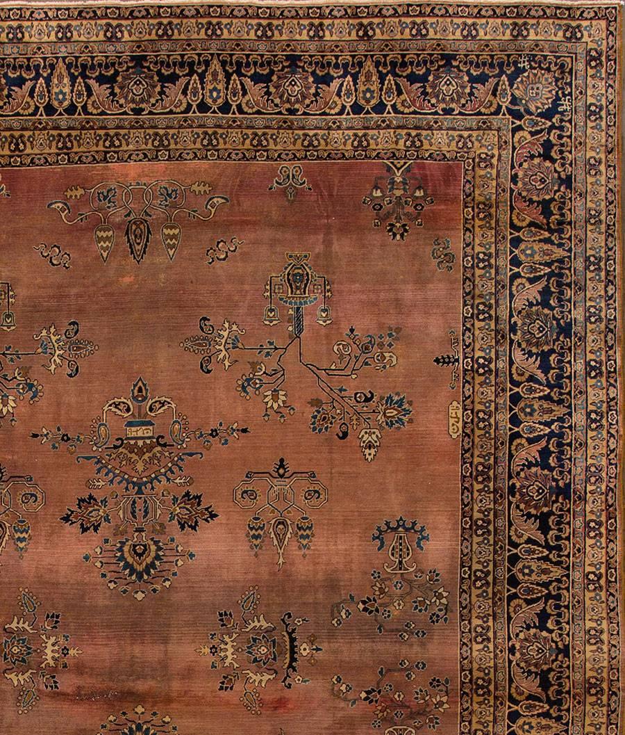Hand-Knotted Antique Distressed Brown and Blue Persian Saroukh Rug, 8.09x11.08