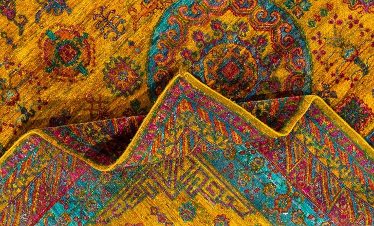 21st Century Colorful Indian Sari Silk Rug At 1stdibs 21st Century Indian Sari Silk Rug This Piece Features A Bright Yellow Field With