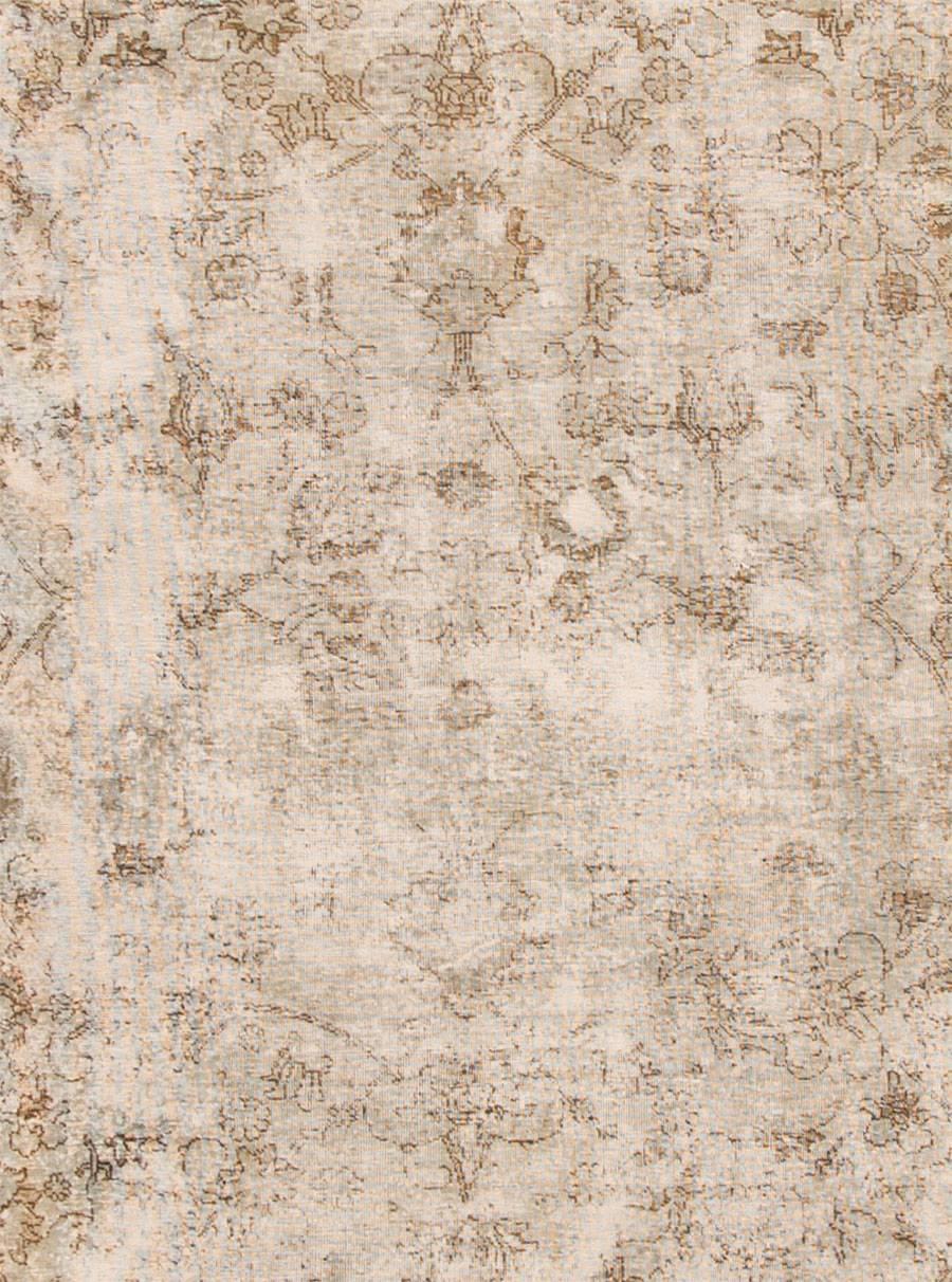 Hand-Knotted Vintage Distressed Ivory Persian Kerman Carpet For Sale