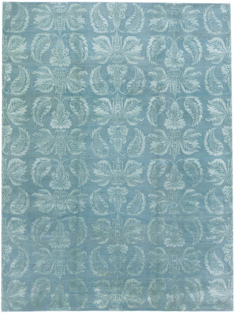Floral Blue Contemporary Nepalese Wool and Silk Rug For Sale at 1stDibs
