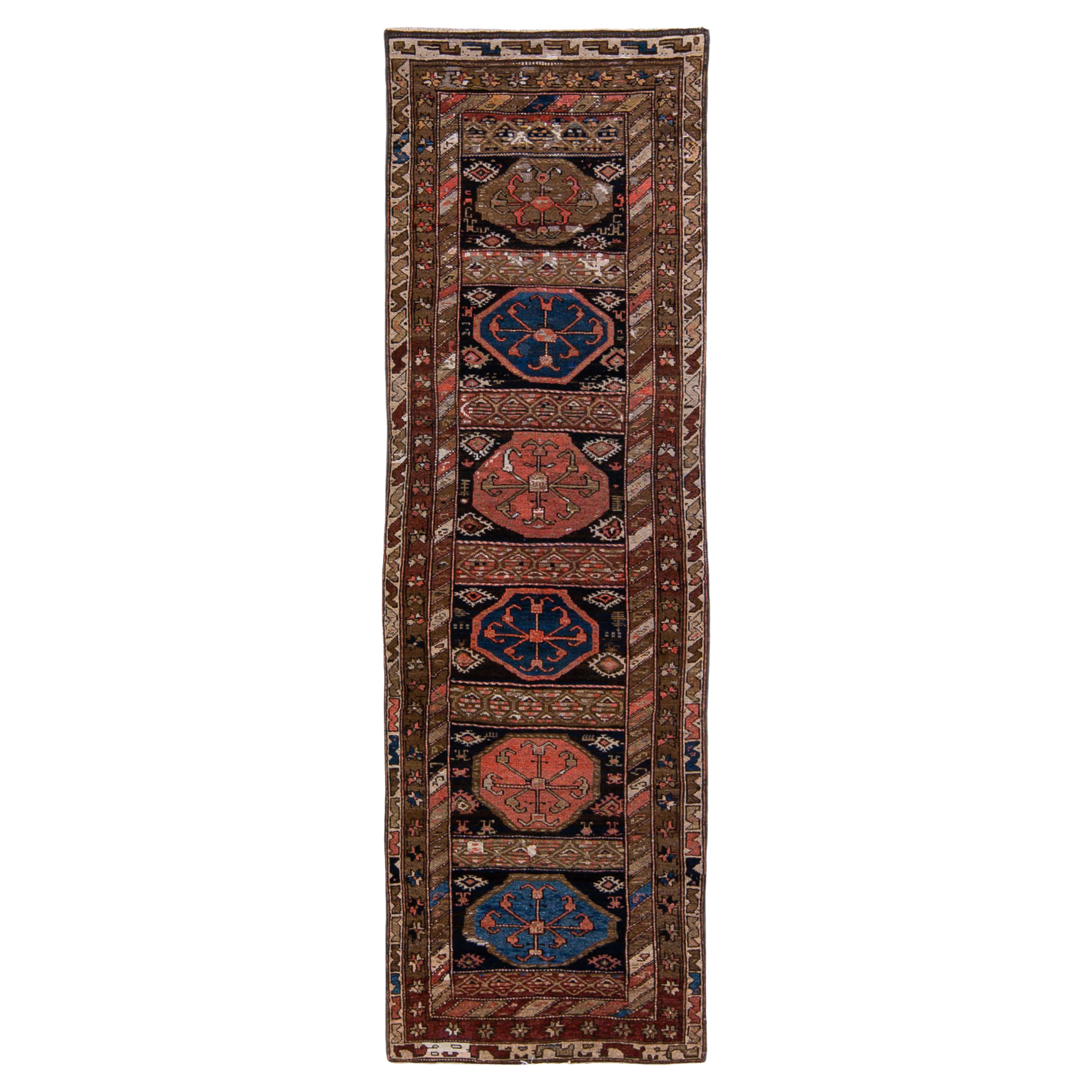 Antique Persian Kurd Handmade Medallion Brown Wool Runner For Sale