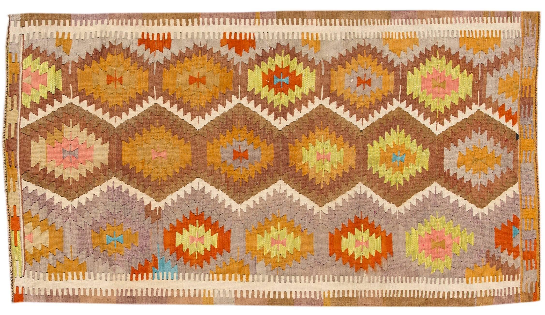Hand-Woven Vintage 1960's Geometric Turkish Kilim Rug For Sale