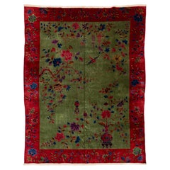 Antique Green Art Deco Chinese Wool Rug 8 Ft 10 In X 11 Ft 5 In