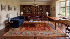 Antique Turkish Oushak Wool Area Rug with Crimson Field & Slate Blue Border