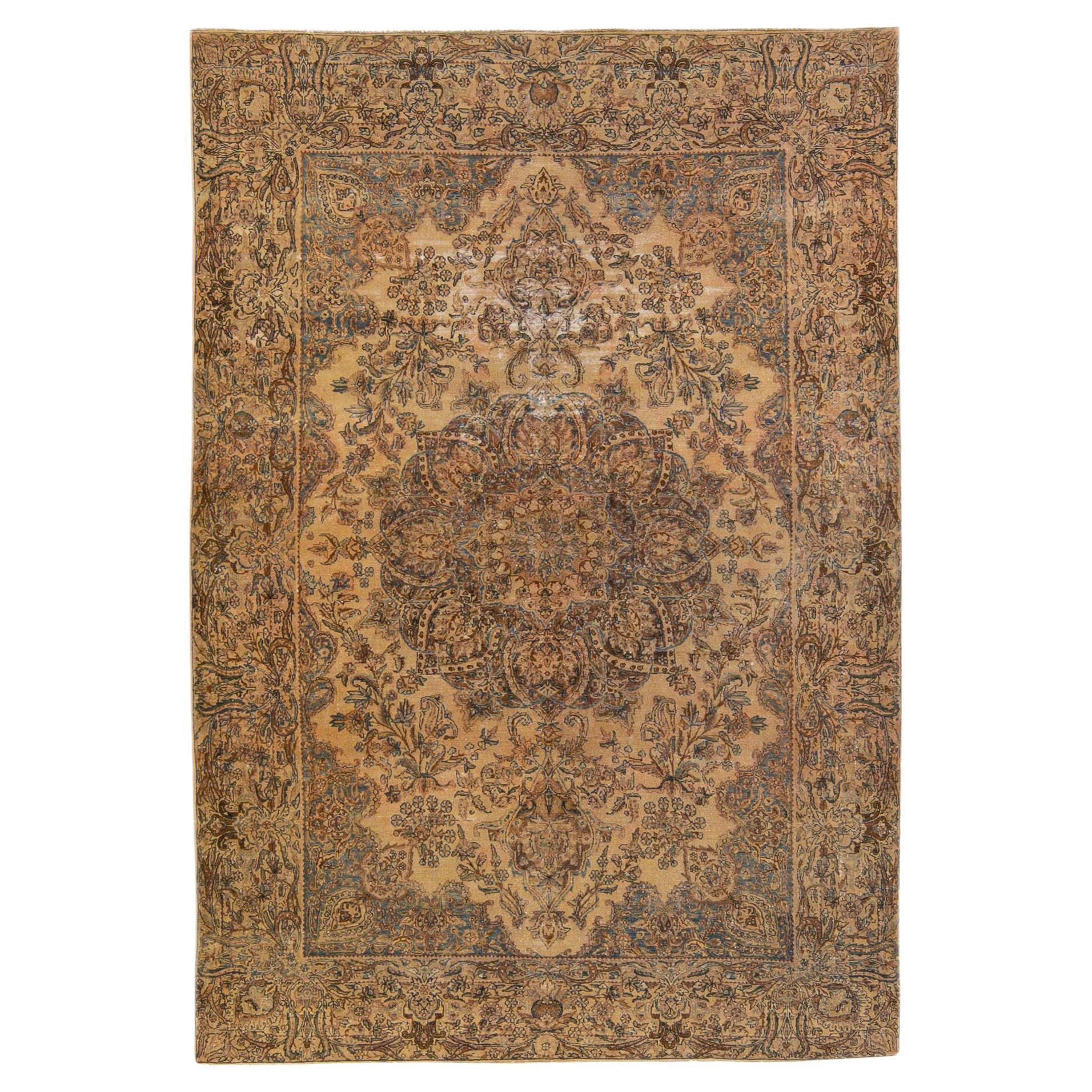 Antique Kerman Handmade Medallion Tan Wool Rug For Sale