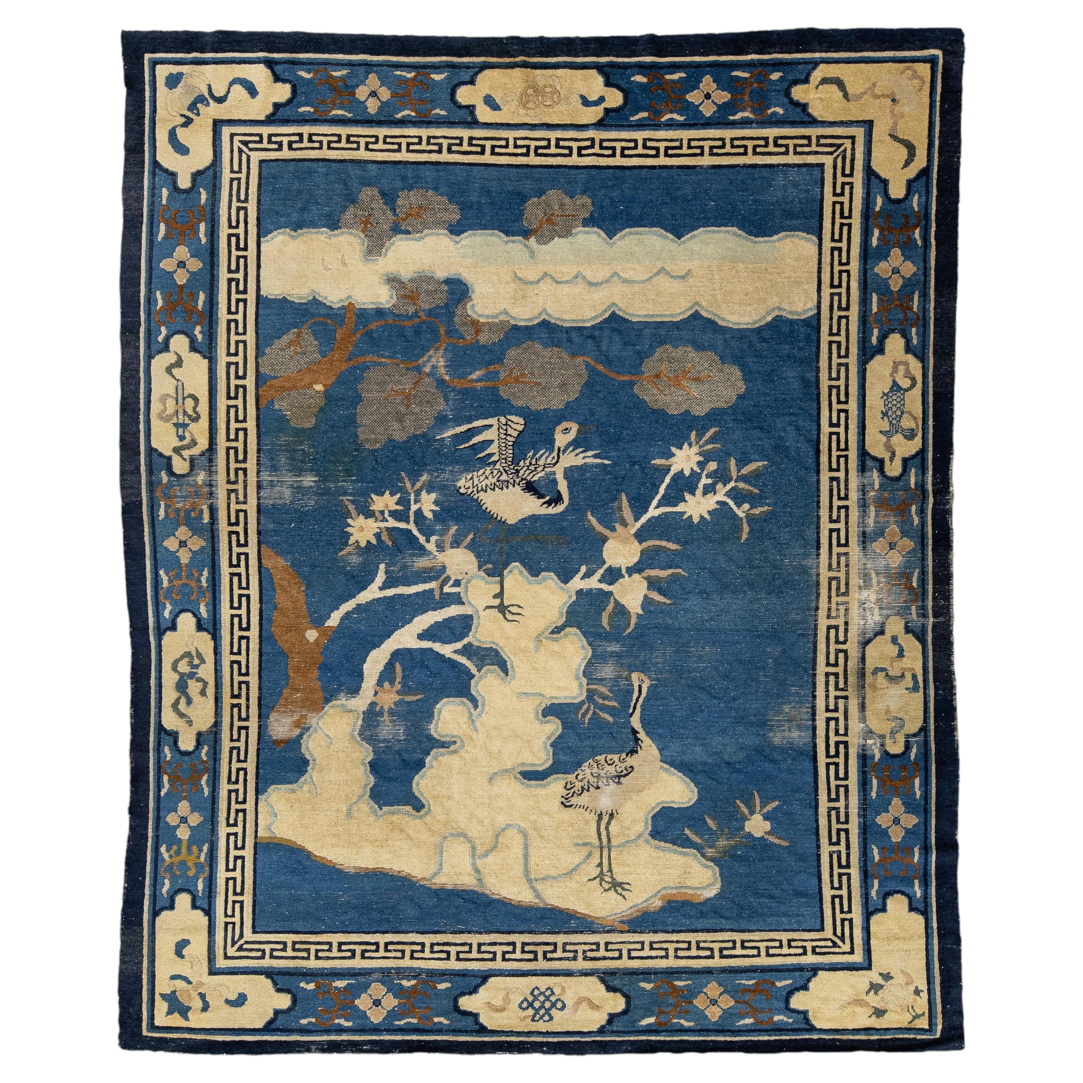 Antique Chinese Peking Art Deco Wool Rug in Indigo Blue and Cream, circa 1920s