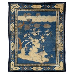 Antique Chinese Peking Art Deco Wool Rug in Indigo Blue and Cream, circa 1920s