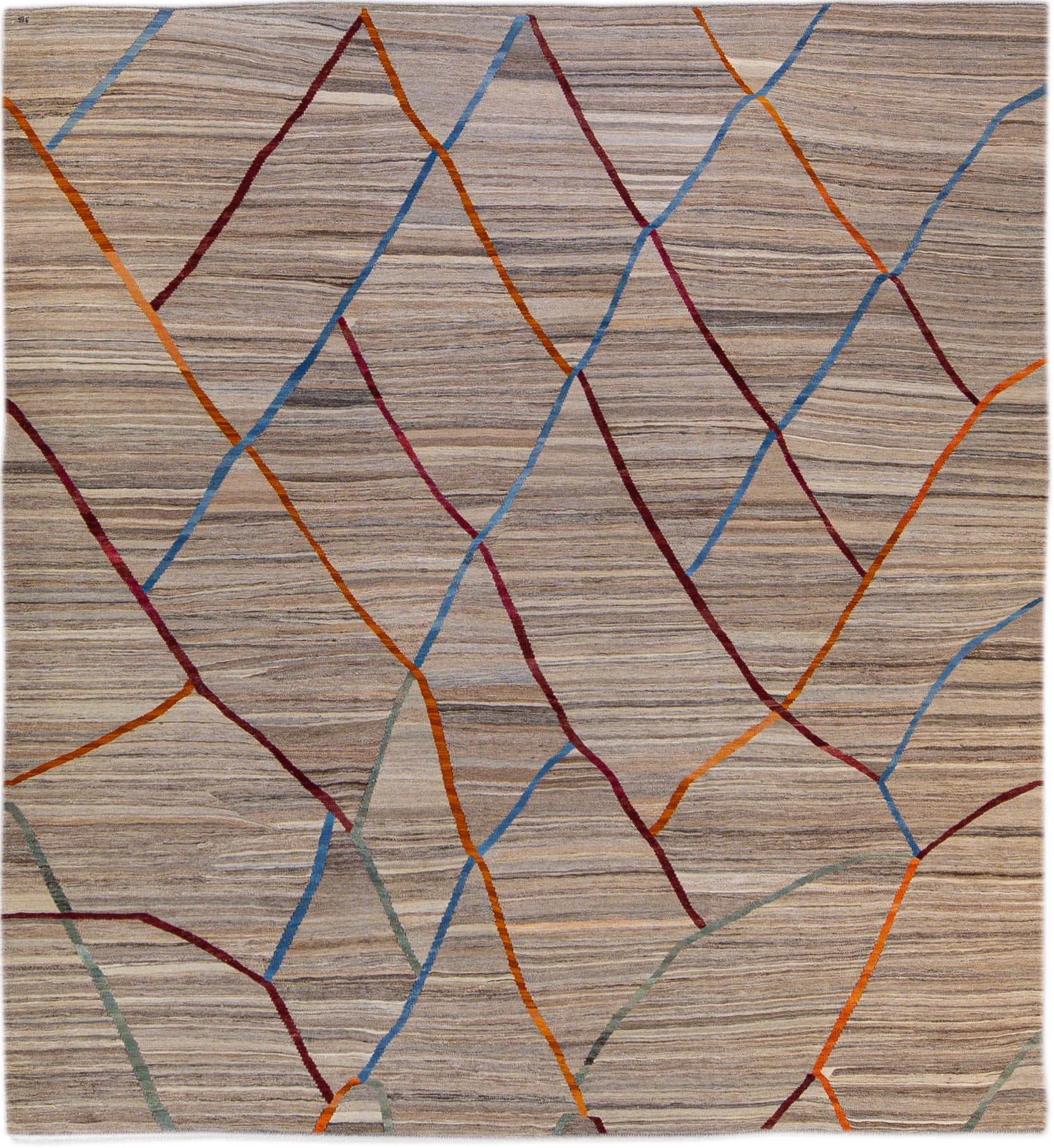 Contemporary Flat-Weave Kilim Tribal Motif Brown Square Wool Rug