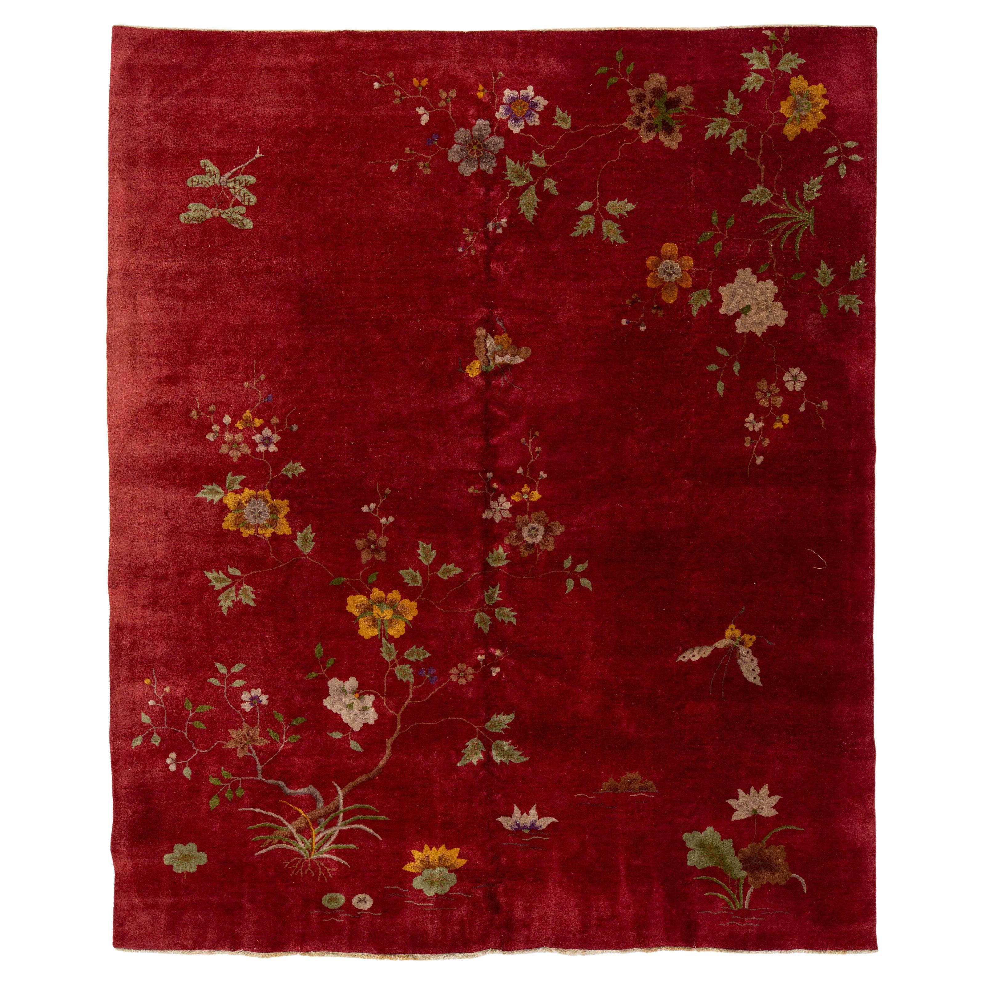 Tappeto antico rosso Art Deco cinese in lana fatto a mano