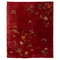 Tappeto antico rosso Art Deco cinese in lana fatto a mano