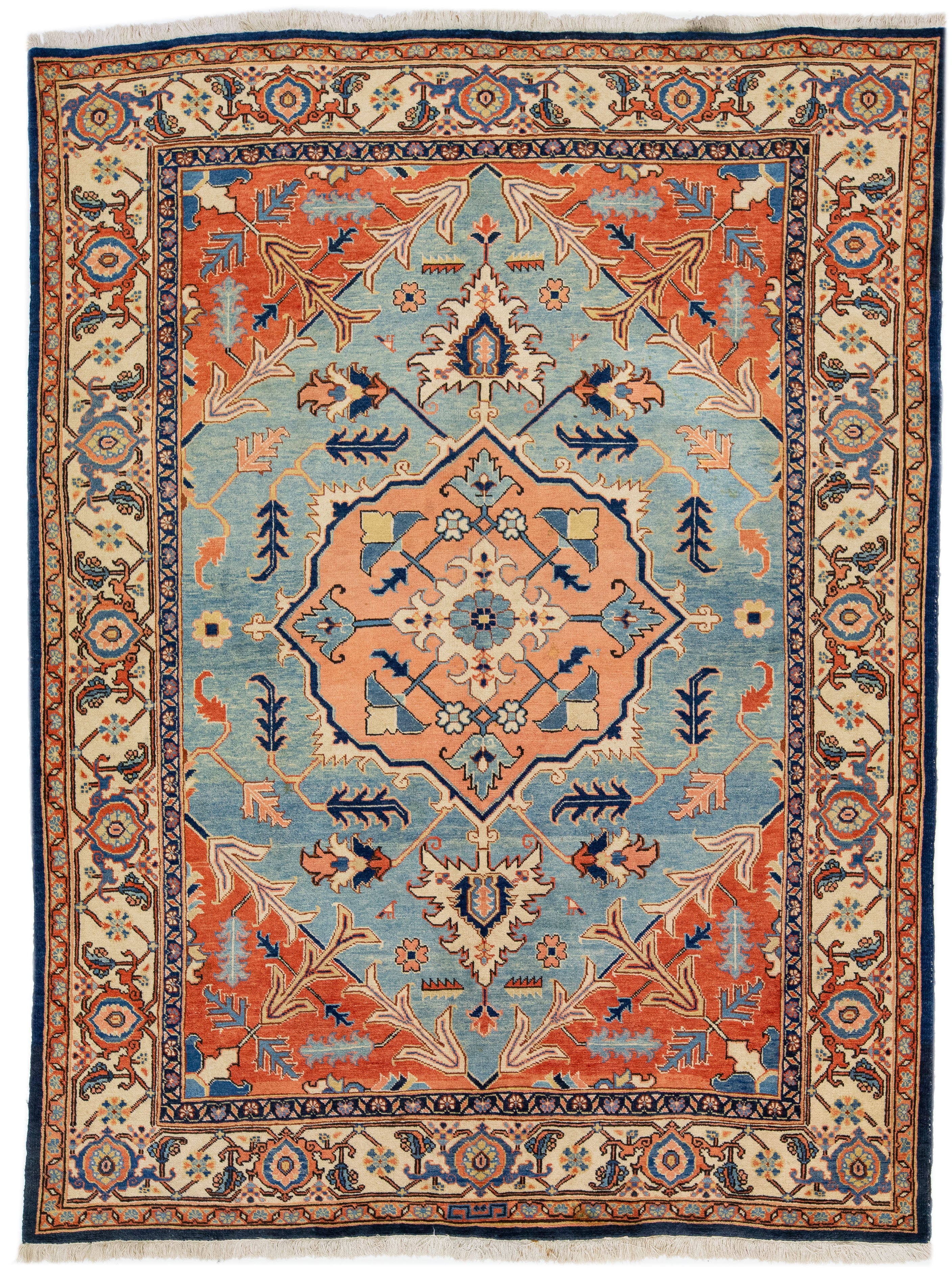Modern Persian Heriz Handmade Medallion Blue and Rust Wool Rug