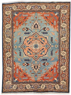 Antique Modern Persian Heriz Handmade Medallion Blue and Rust Wool Rug