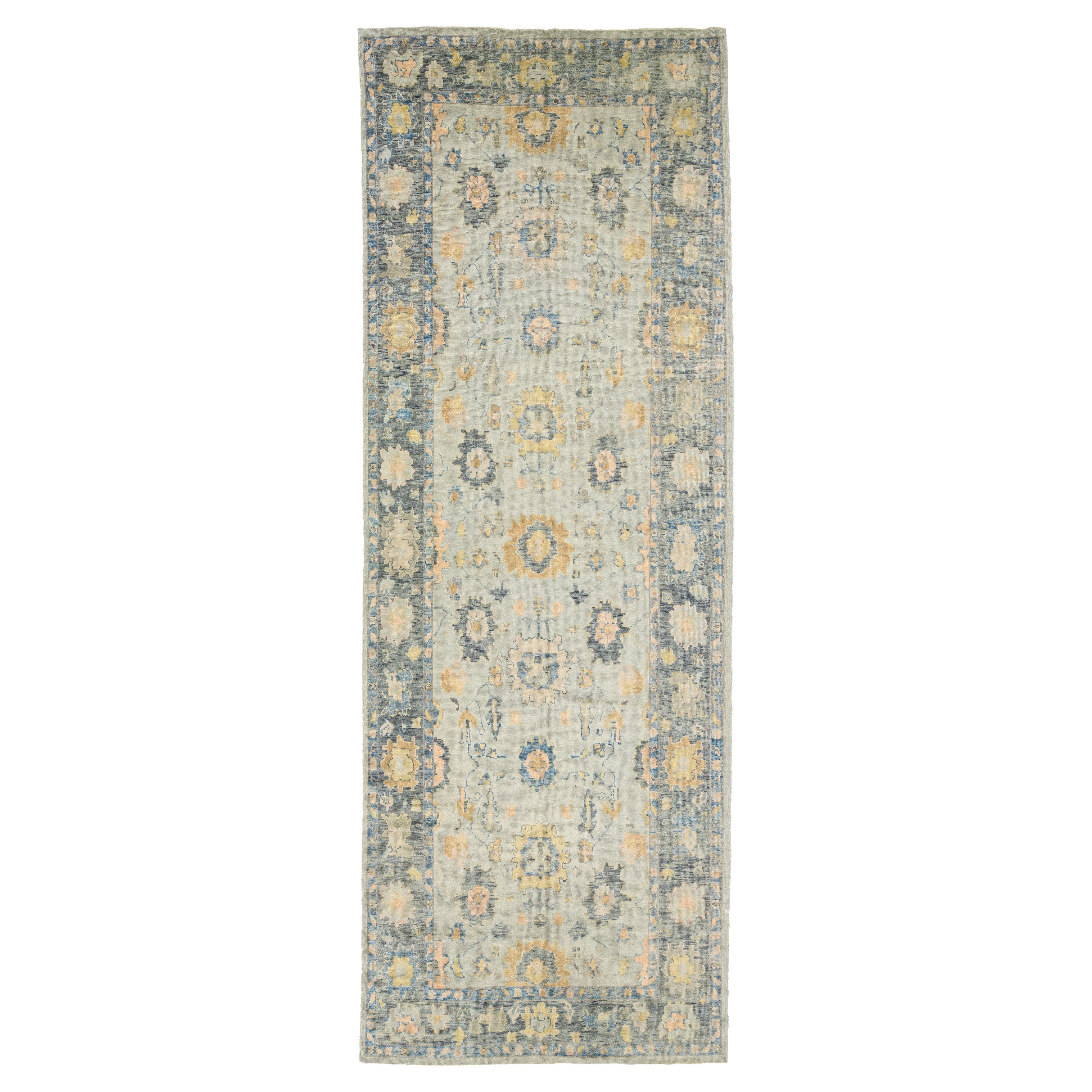 Modern Gray Turkish Oushak Handmade Floral Wide Gallery Wool Runner For Sale