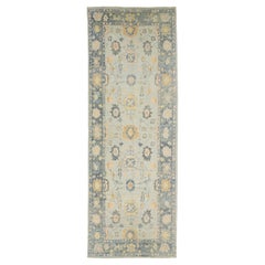 Modern Gray Turkish Oushak Handmade Floral Wide Gallery Wool Runner