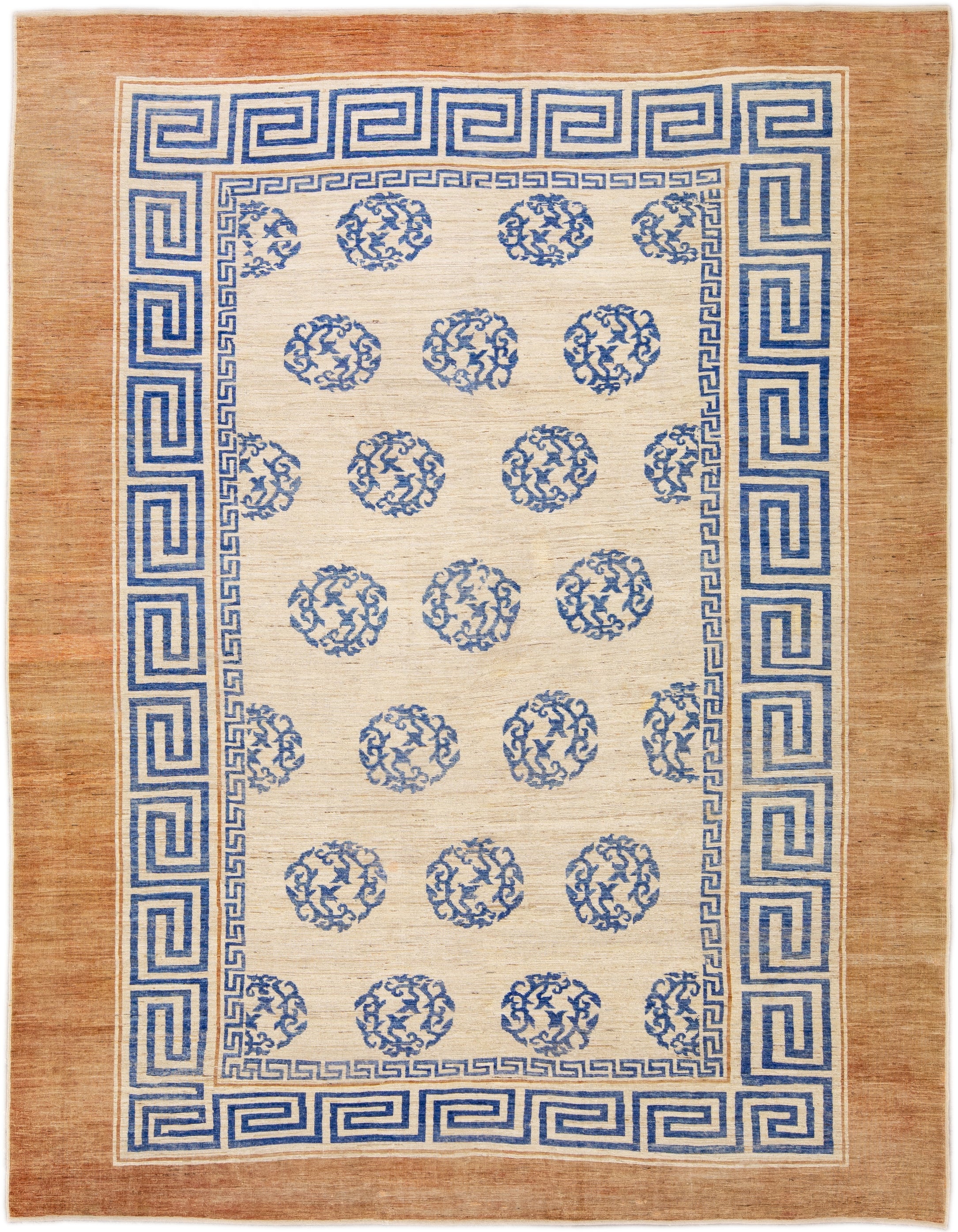 Modern Handmade Blue Greek Key Pattern Beige Oversize Wool Rug